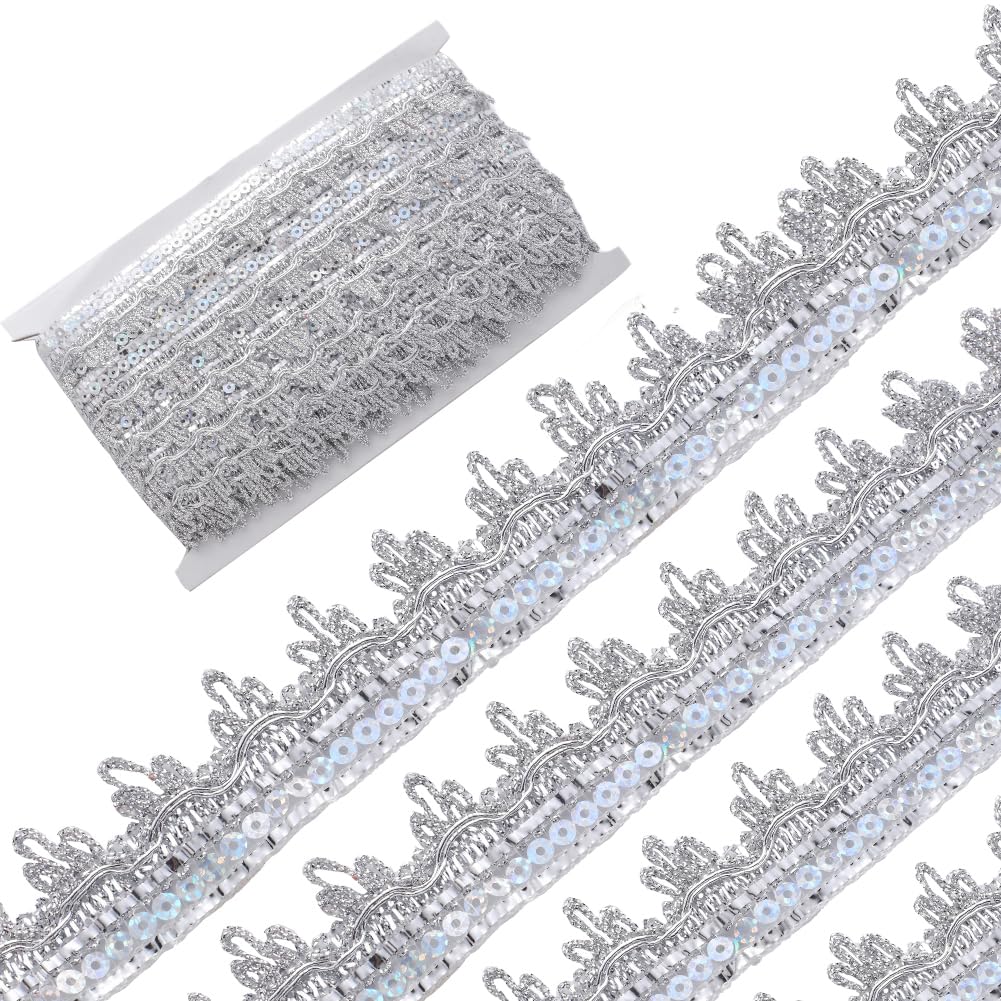 GORGECRAFT14.22 Yards Sequin Metallic Braid Trim Silver Lace Trim Waved Trimming 1.25 Inch Wide Ribbon Edging Fiber with Light Blue Paillette for Scrapbooking Dream Catcher Decorative Crafts Supply