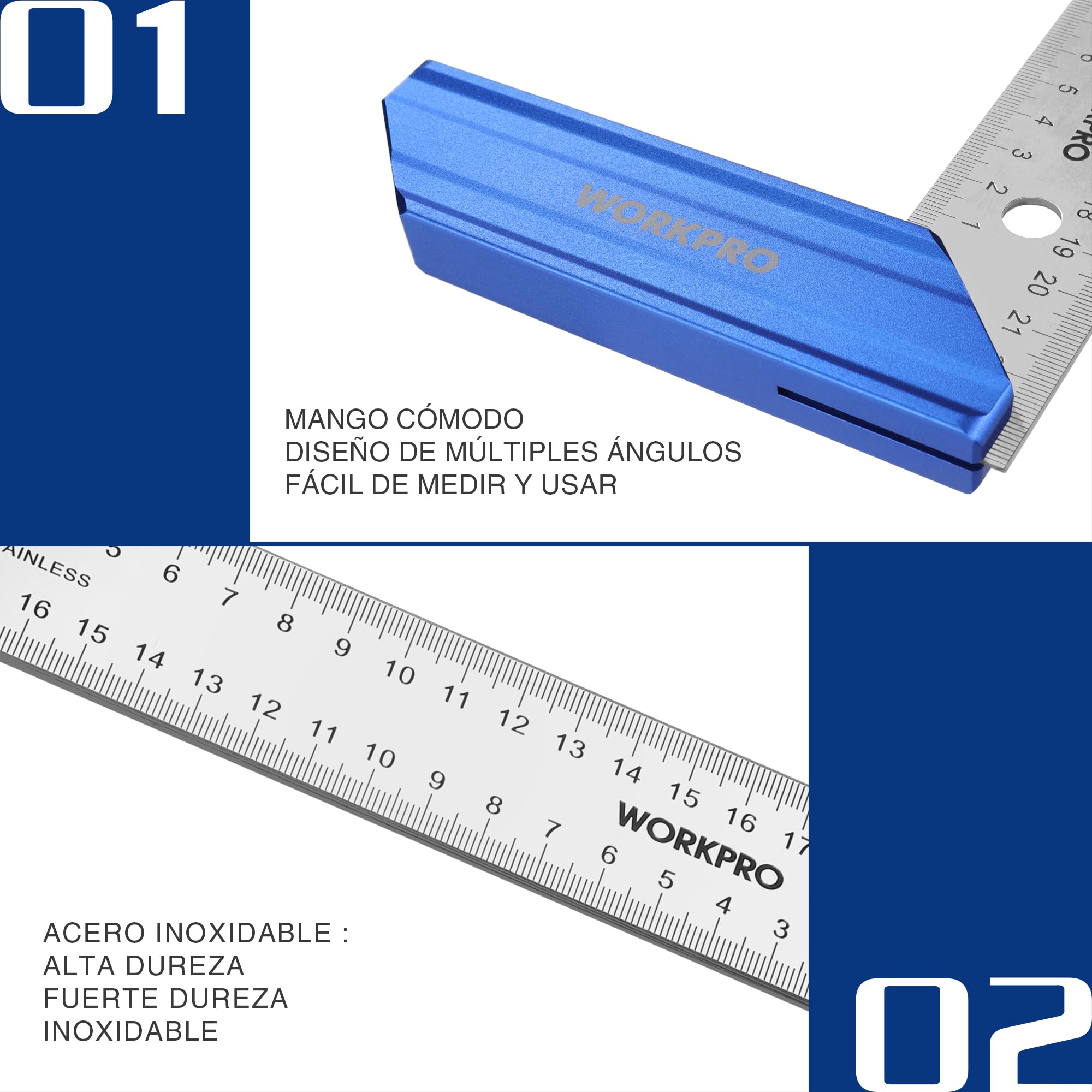 WORKPRO Escuadra para Carpintería con Mango de Aluminio, Precisión Cuadrada 200mm para Uso Profesional de Carpintería y Regla de Acero Inoxidable de Primera Calidad