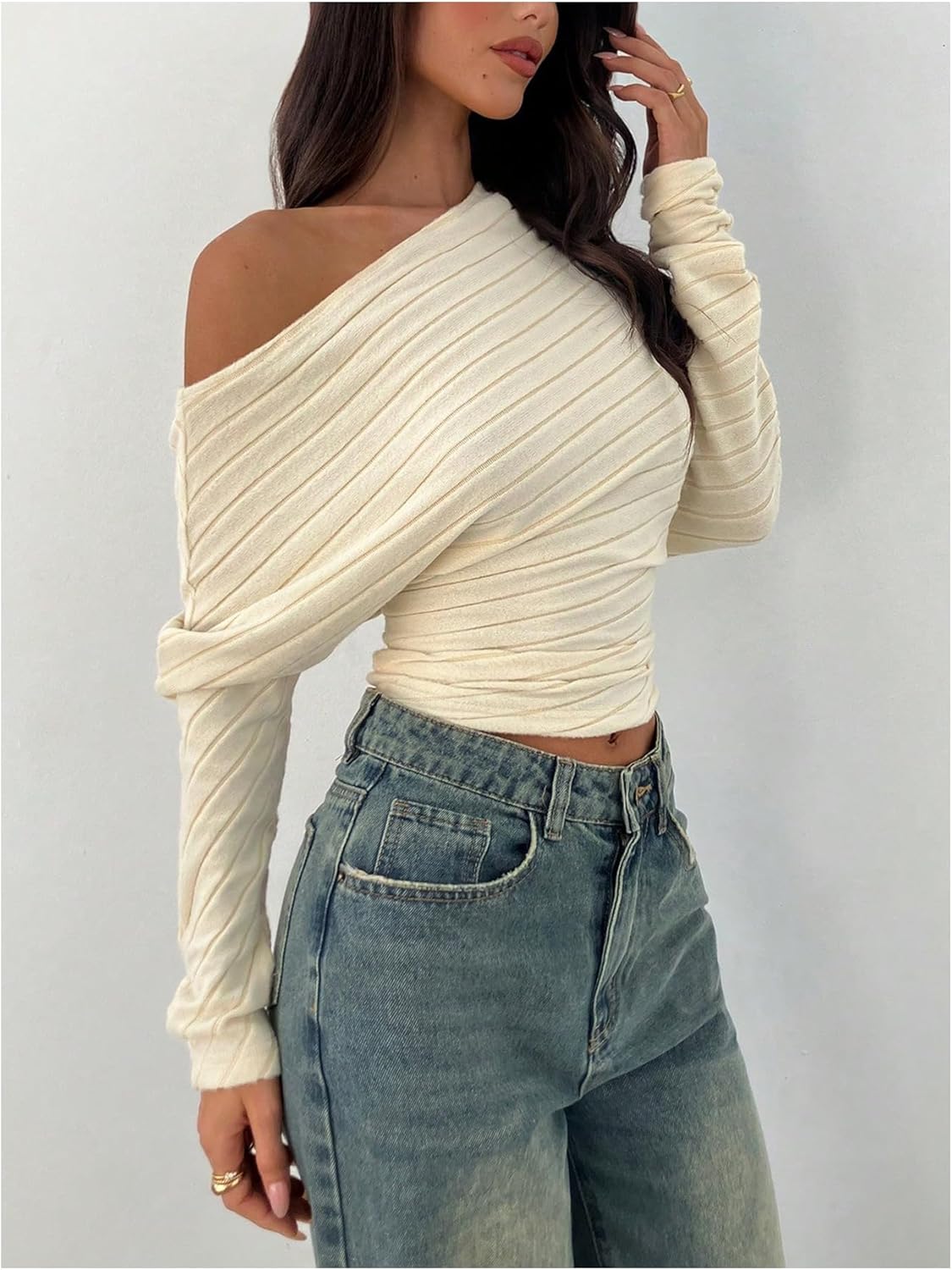 SHENHE Women's Off The Shoulder Long Dolman Sleeve Top Fitted Knitted Shirt Fall Dressy Top - Image 3