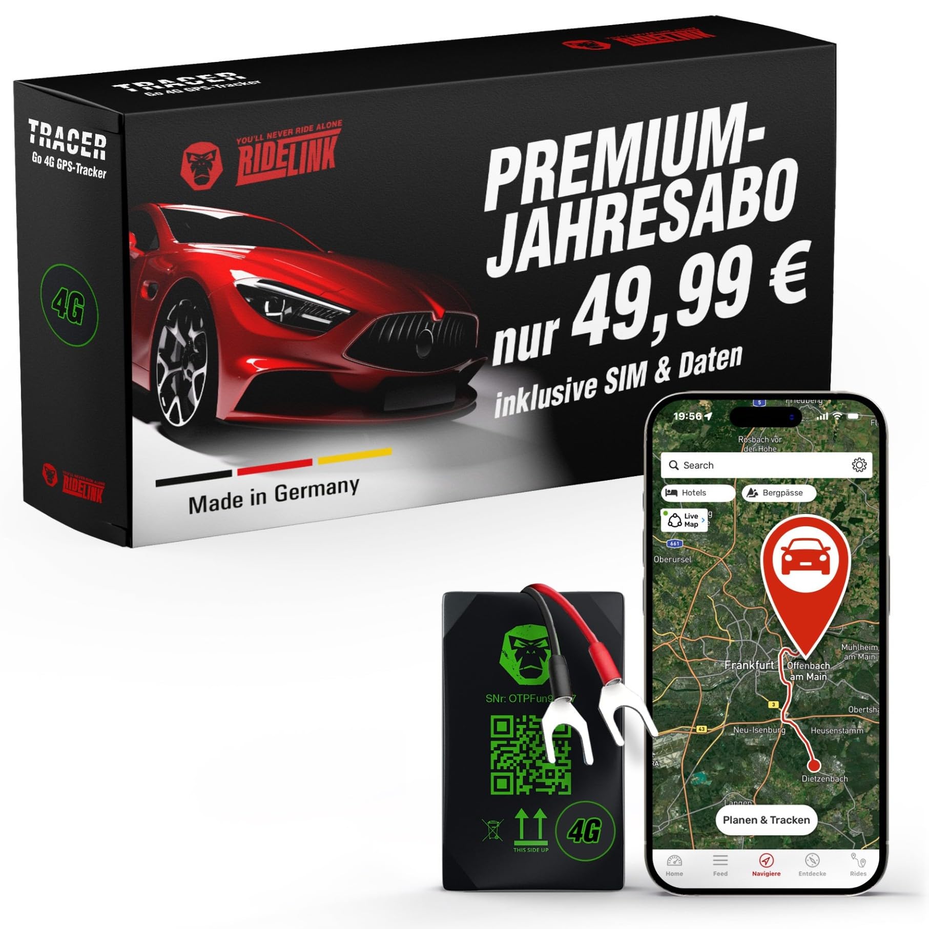 Tracer Go 4G GPS Tracker Auto Motorrad LKW - Peilsender mit SIM Karte, Echtzeit Live Tracking & Diebstahlmelder, Inklusive Navigation, IP54 Wasserdicht, Deutscher Support - Made in Germany