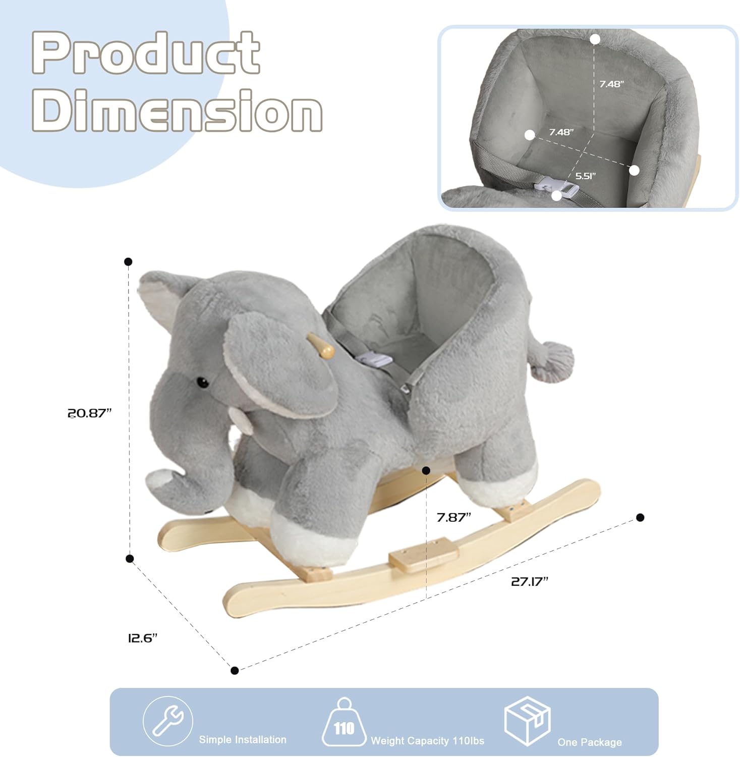 KEIKI Elephant Rocking Horse with Lullaby, Hand Puppets & Safety Belt, Wooden Stuffed Animal Rocker for Ages 1-3, Boys and Girls, Nursery or Christmas, Birthday Gift, Gray