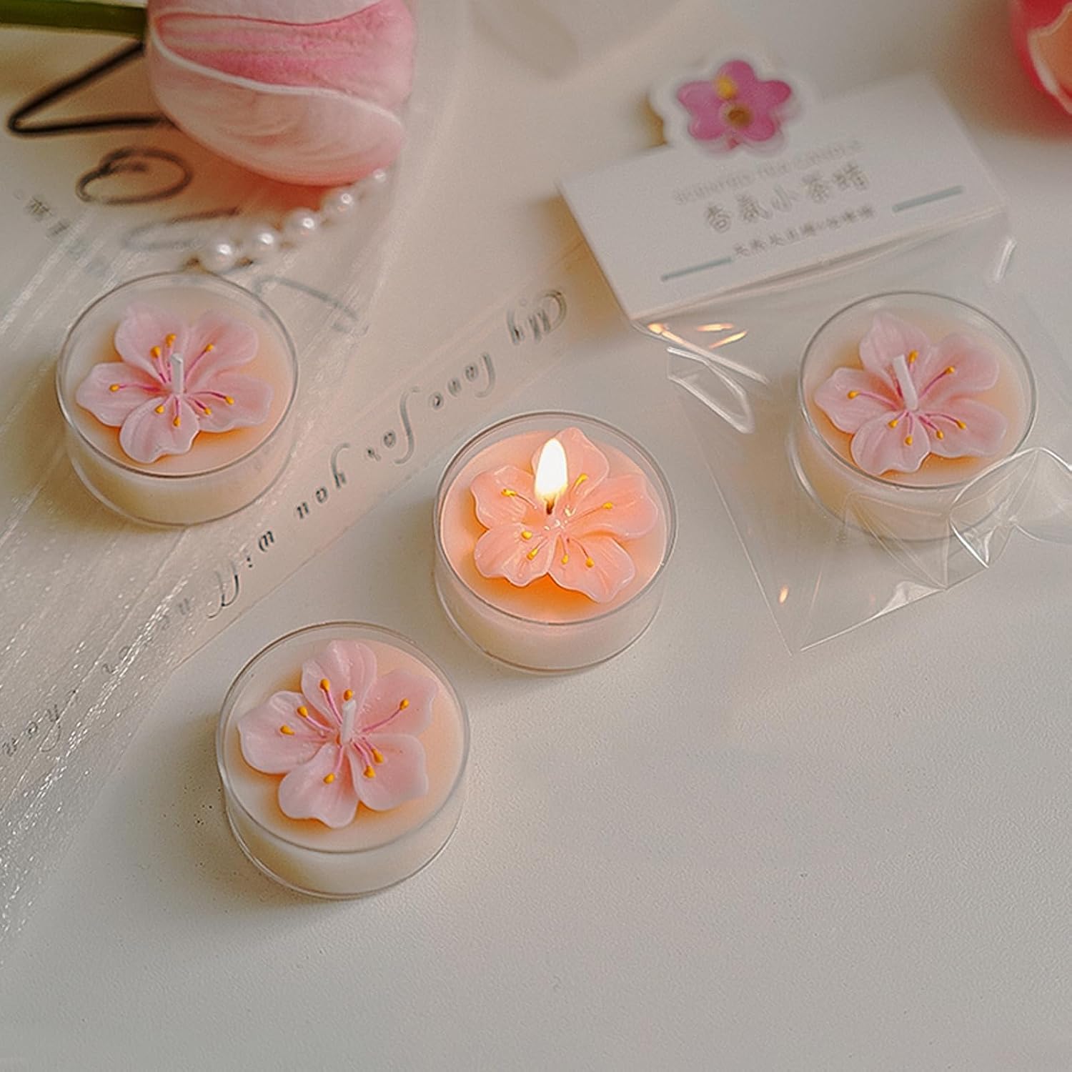 Floating Candles 4 Pack,Peach Blossom Shaped Soy Wax Blend Scented Candles