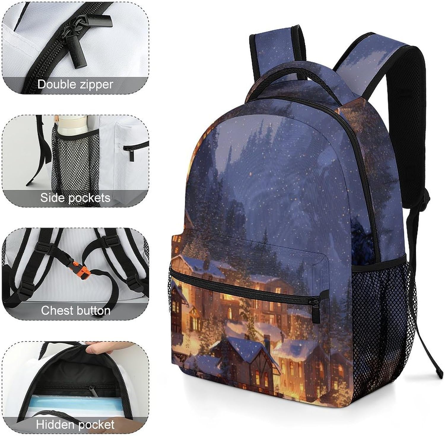Village Snowy Mountain Warm Lights Unisex Backpack Casual Daypacks Lightweight Shoulders Bag for Camping Hiking Travel