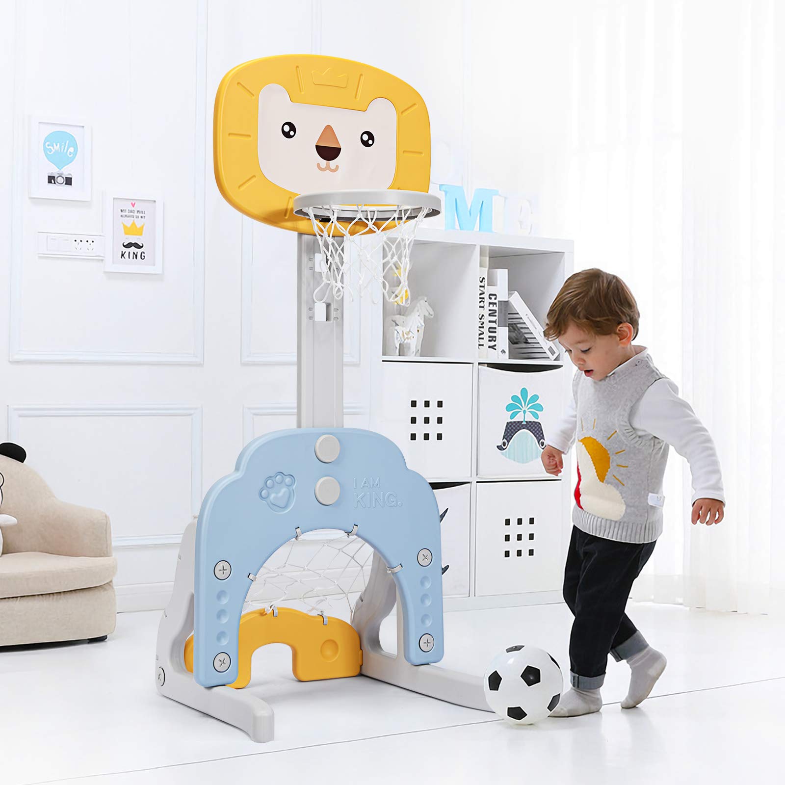 COSTWAY Canasta de Baloncesto para Niño Altura Ajustable con Portería de Fútbol y Golf Juguete para Interior y Exterior (Amarillo y Azul)