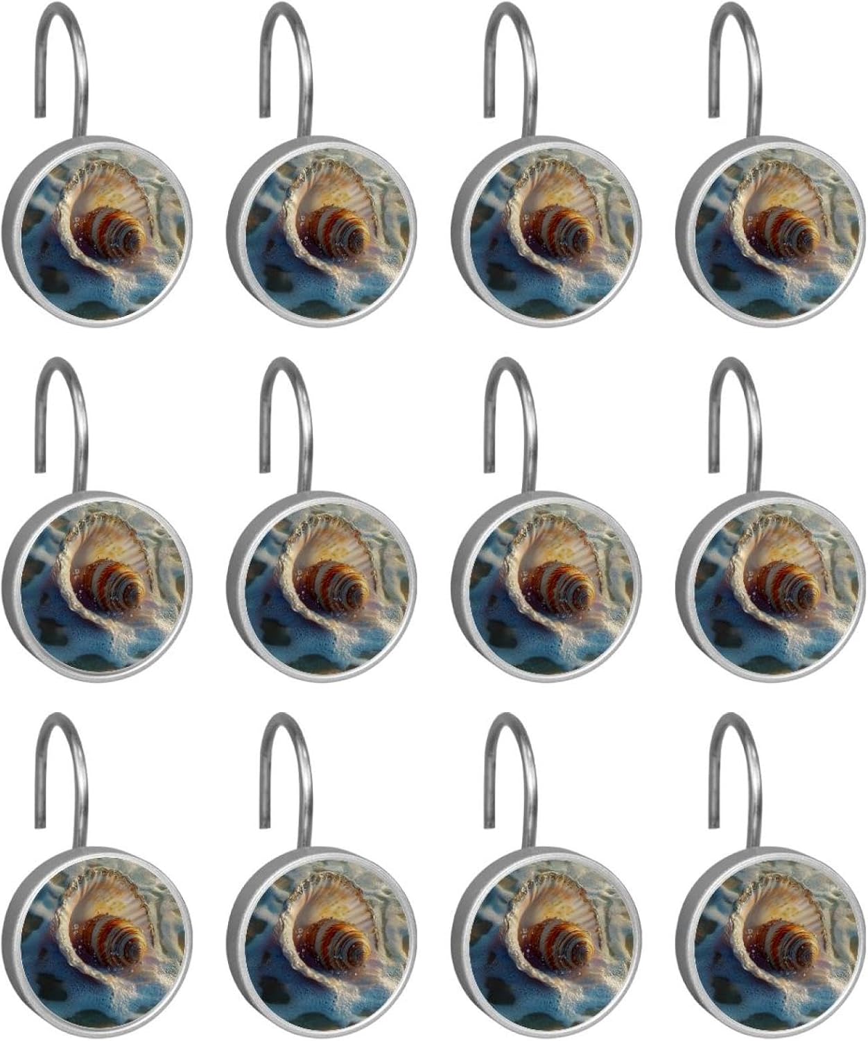 Shell Ocean (1) Shower Curtain Hooks, Rustproof Shower Curtain Rings for Bathroom, Stainless Steel Shower Hooks for Shower Curtain Rod, Decorative Shower Curtain Hangers Set of 12