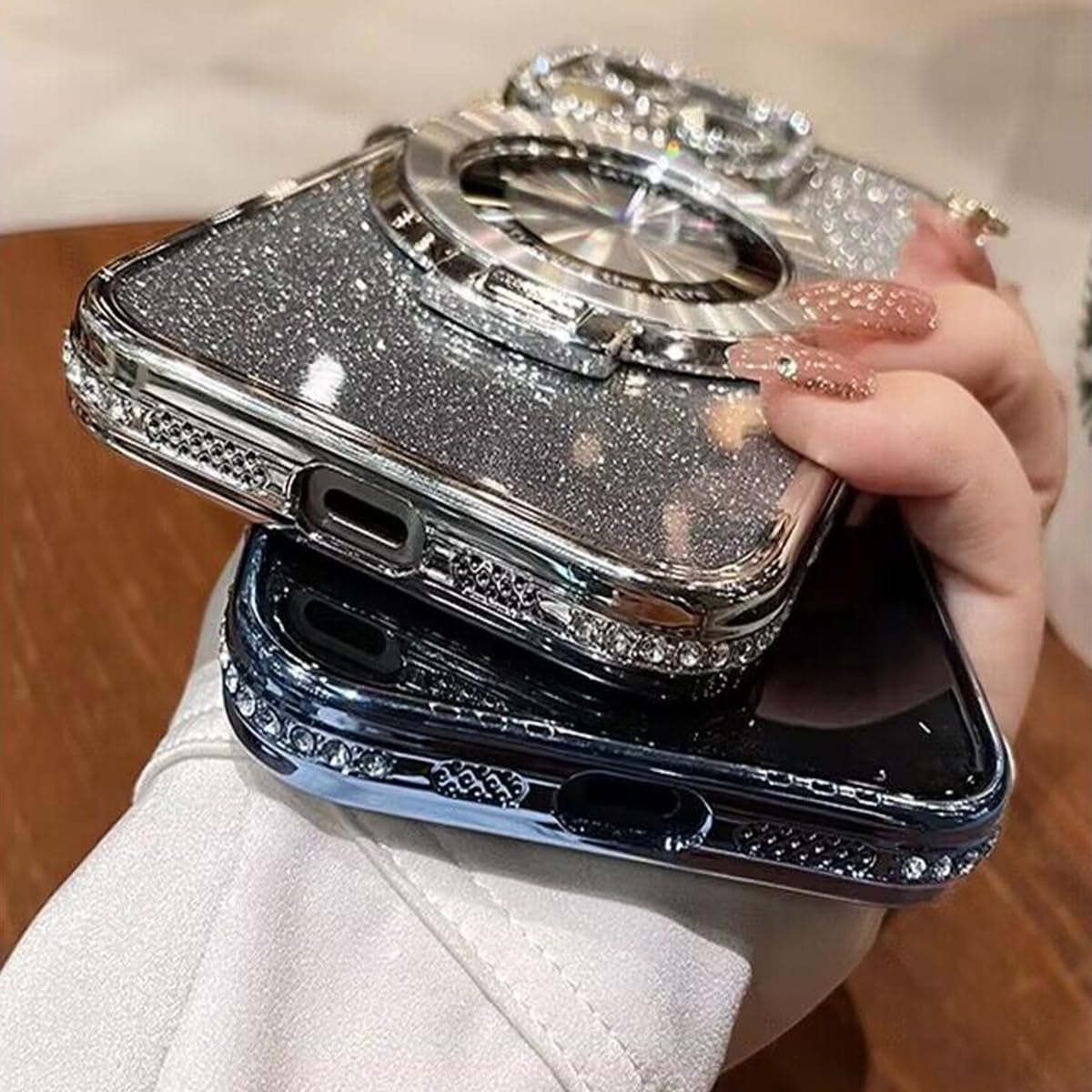Magnetic Kickstand Glitter Case for iPhone 15 Pro Max, [Compatible with Magsafe] Luxury Bling Sparkly Diamond Rhinestones with Camera Protector Women Girls Case for iPhone 15 Pro Max (Silver) - Image 9