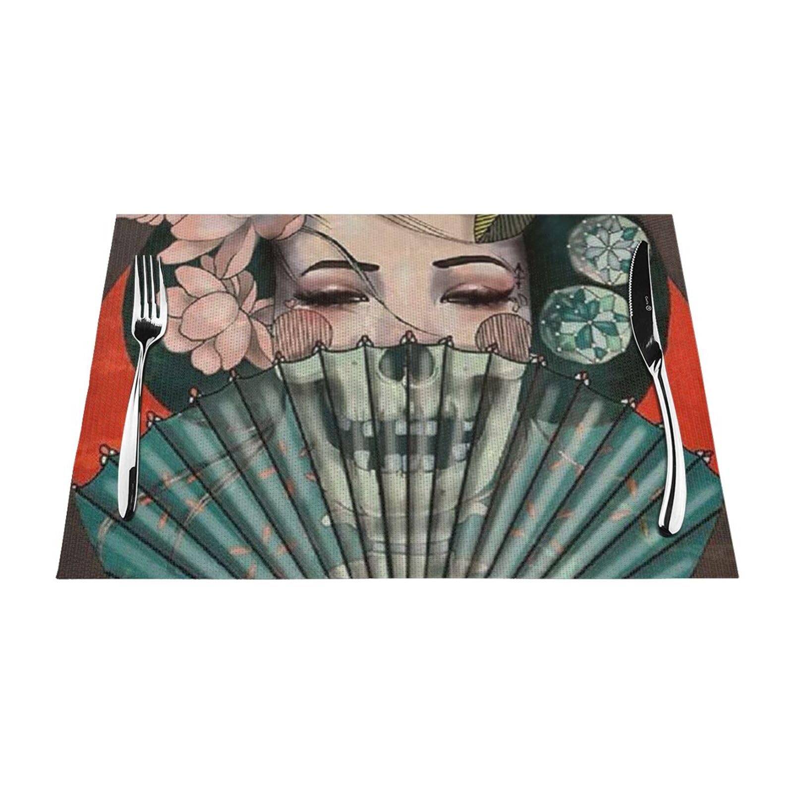 PVC Placemat Set of 1 PCS, 45x30 CM, Japanese Geisha Printed Non-Slip Heat Resistant Place Mats for Kitchen Dining Table Indoor Outdoor