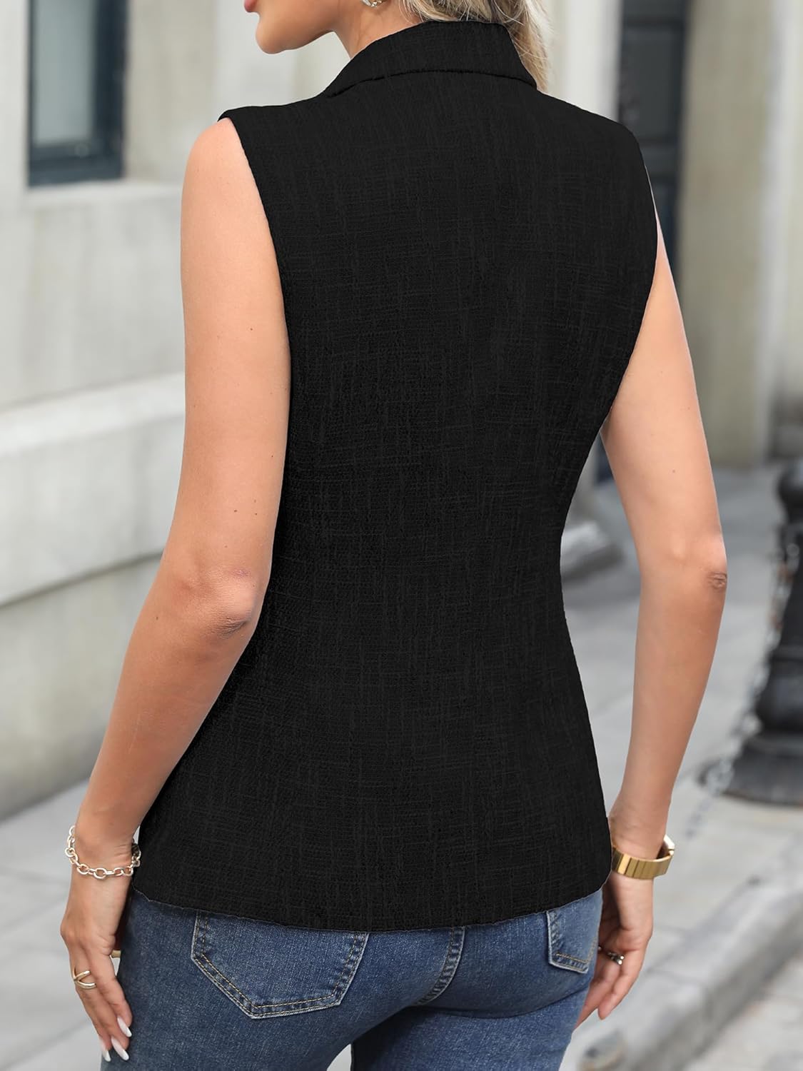 ELLEVEN Women’s Tweed Long Vest, Sleeveless Double-Breasted Blazer Trendy Tops Coat with Pockets - Image 2