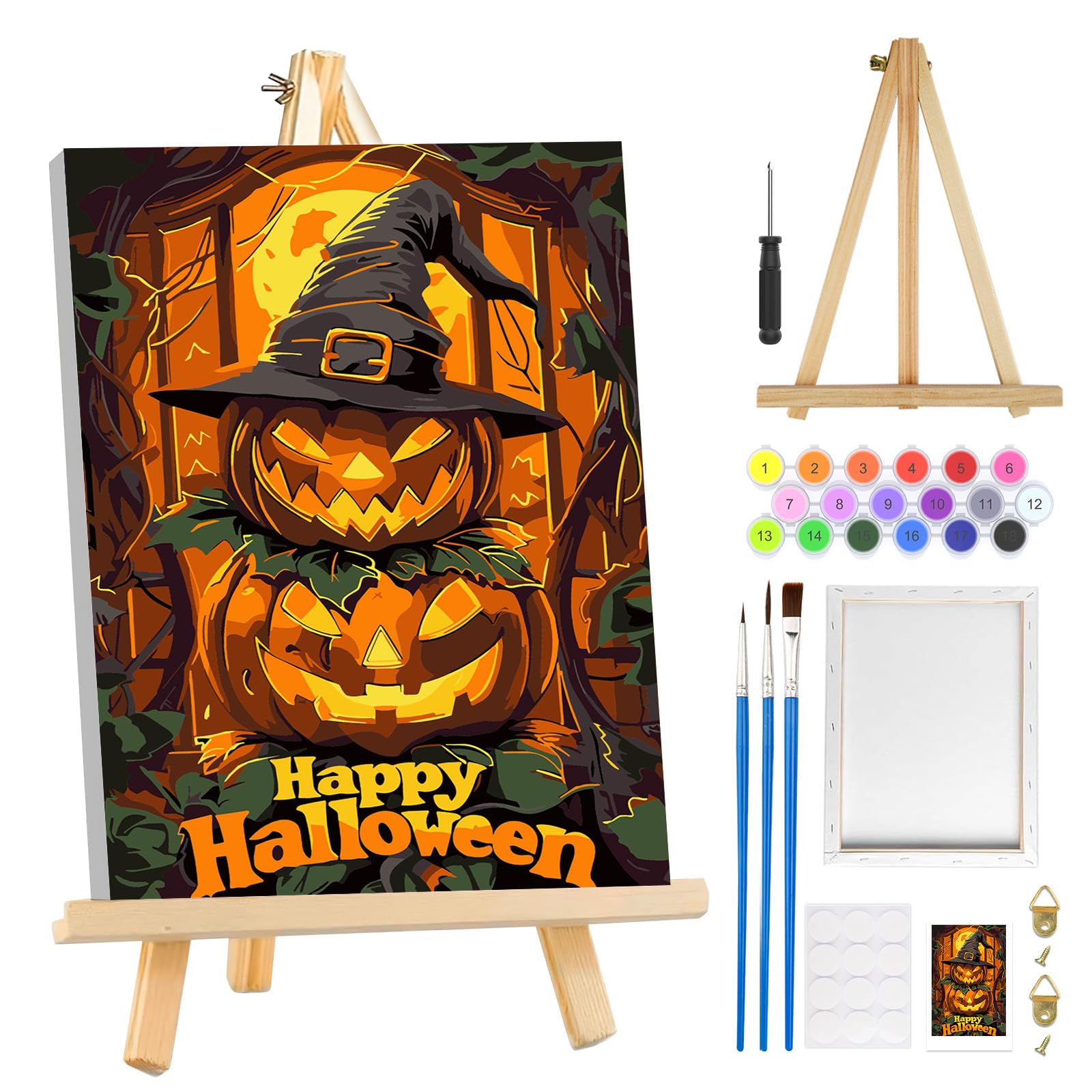 MOGTAA Halloween Paint by Numbers for Adults Beginners with Frame, Pumpkin Painting by Numbers for Adults with Easel, Easy DIY Landscape Oil Painting Kits Art Crafts for Home Decor, 8x12in