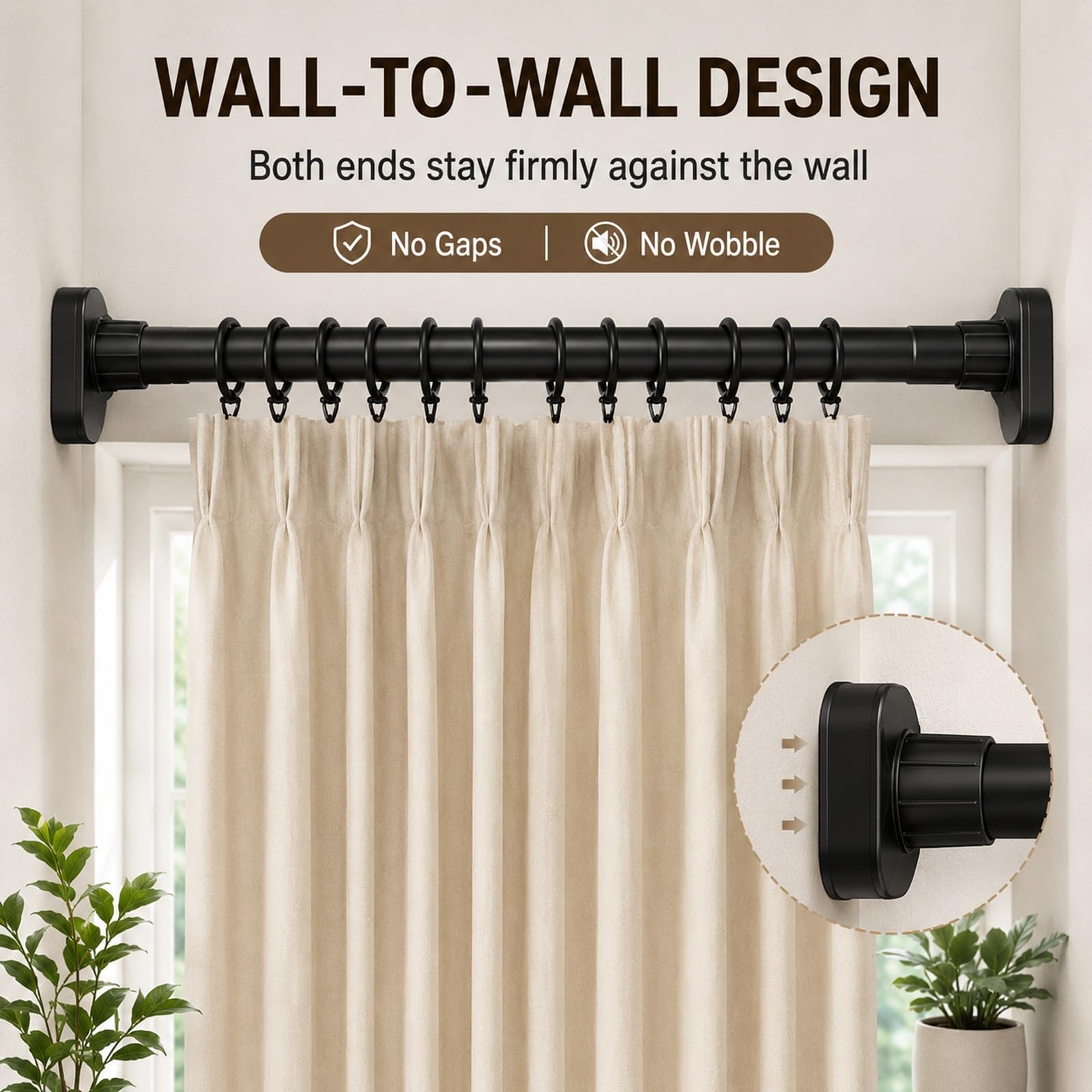 Bastone Tenda Doccia con 20 Anelli, da 50 a 520 cm, Bastone Tenda a Pressione in Acciaio Inox Antiruggine, Non Necessita di Foratura, Adatta a Finestre e Armadi(Black,210-310cm/83-122in)