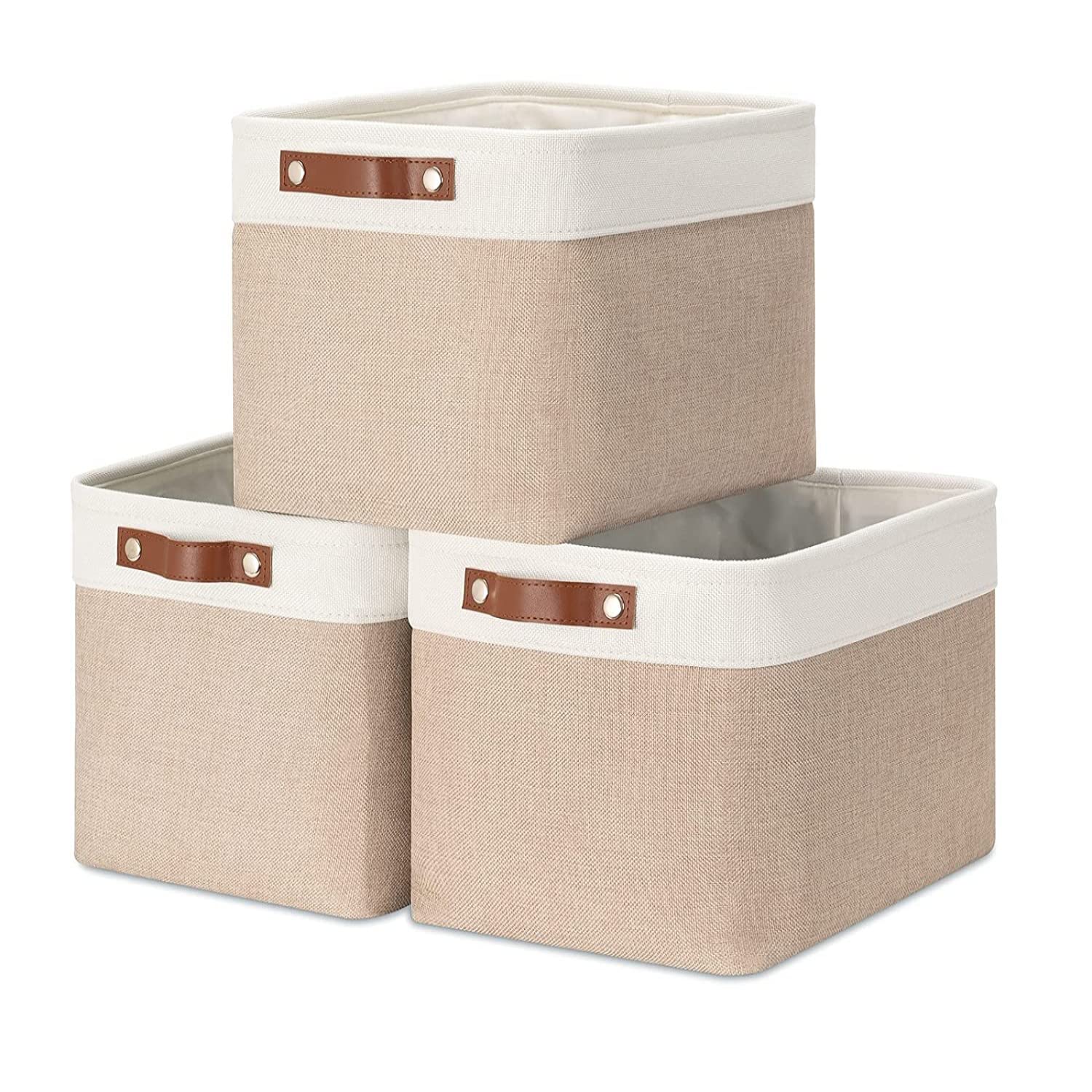 MangataCollapsible Storage Cube Boxes, Linen Woven Fabric Storage Baskets, Cube Closet Organizer with Leather Handles (Light Khaki and White)