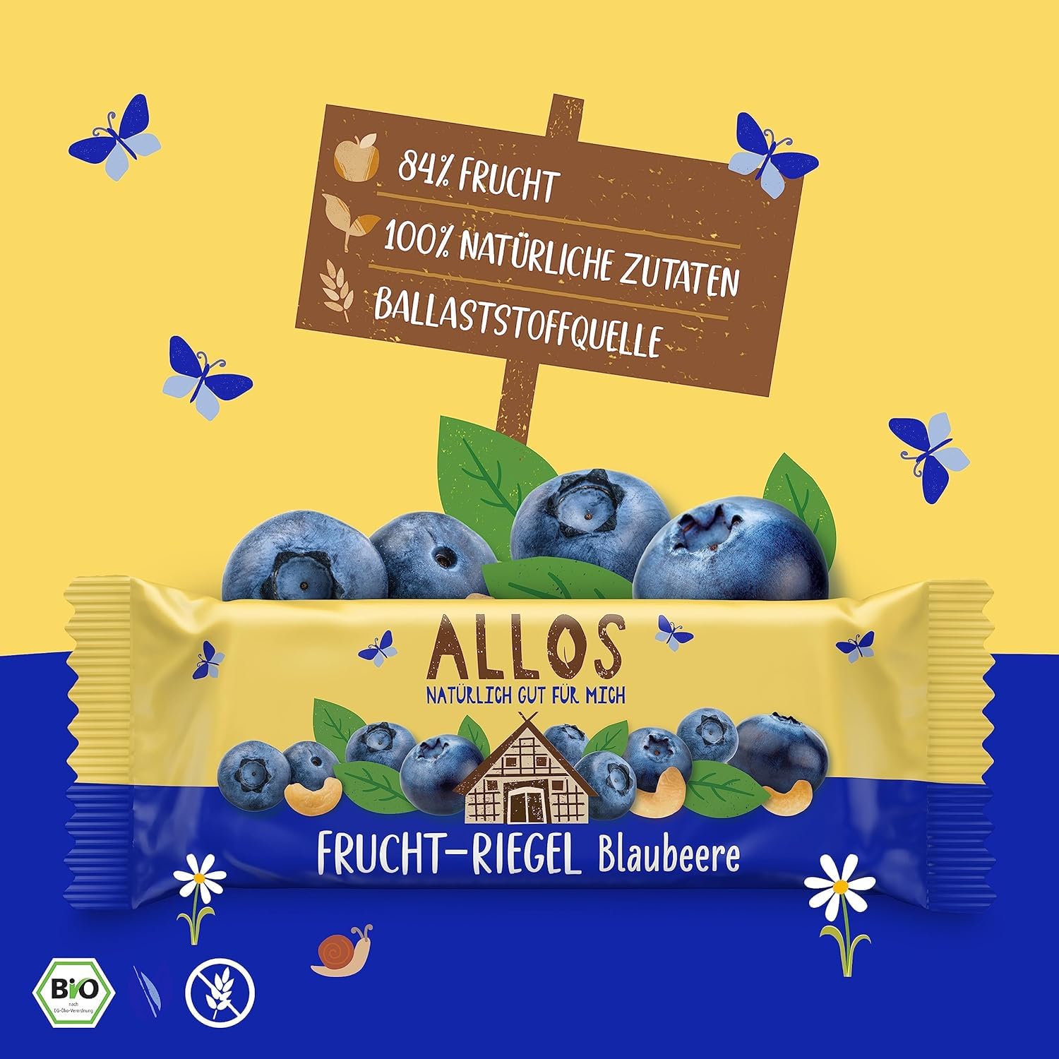 Allos Fruchtriegel Blaubeere | Bio Energieriegel | 25 x 40g | Mit Datteln & Cashews | vegan & glutenfrei | Snack für Schule, Pause & Sport