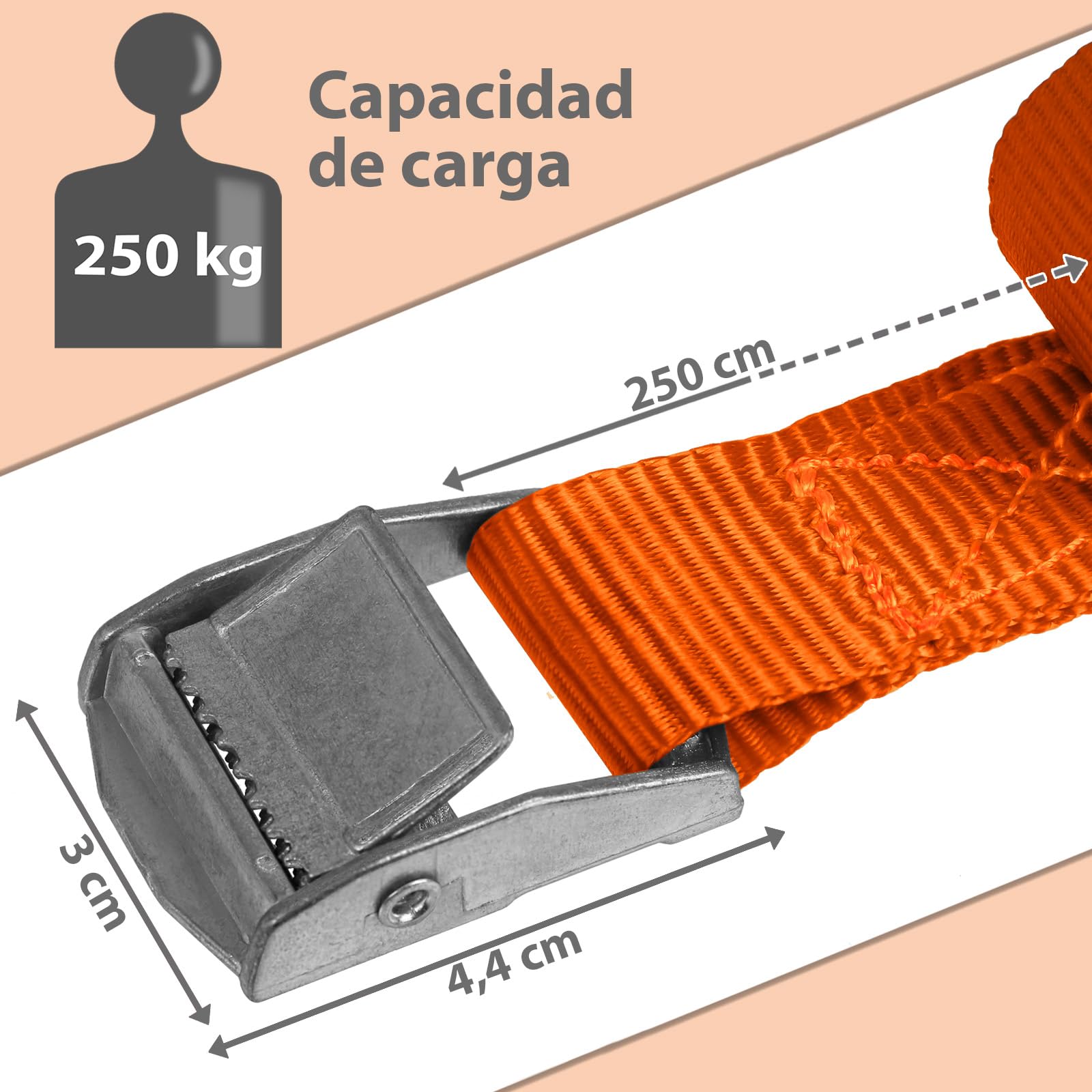 BB Sport Correa de Amarre cinturón de Amarre con Hebilla Resistente a 250 kg DIN EN 12195-2, 4 Piezas 2.5 cm x 2.5 m