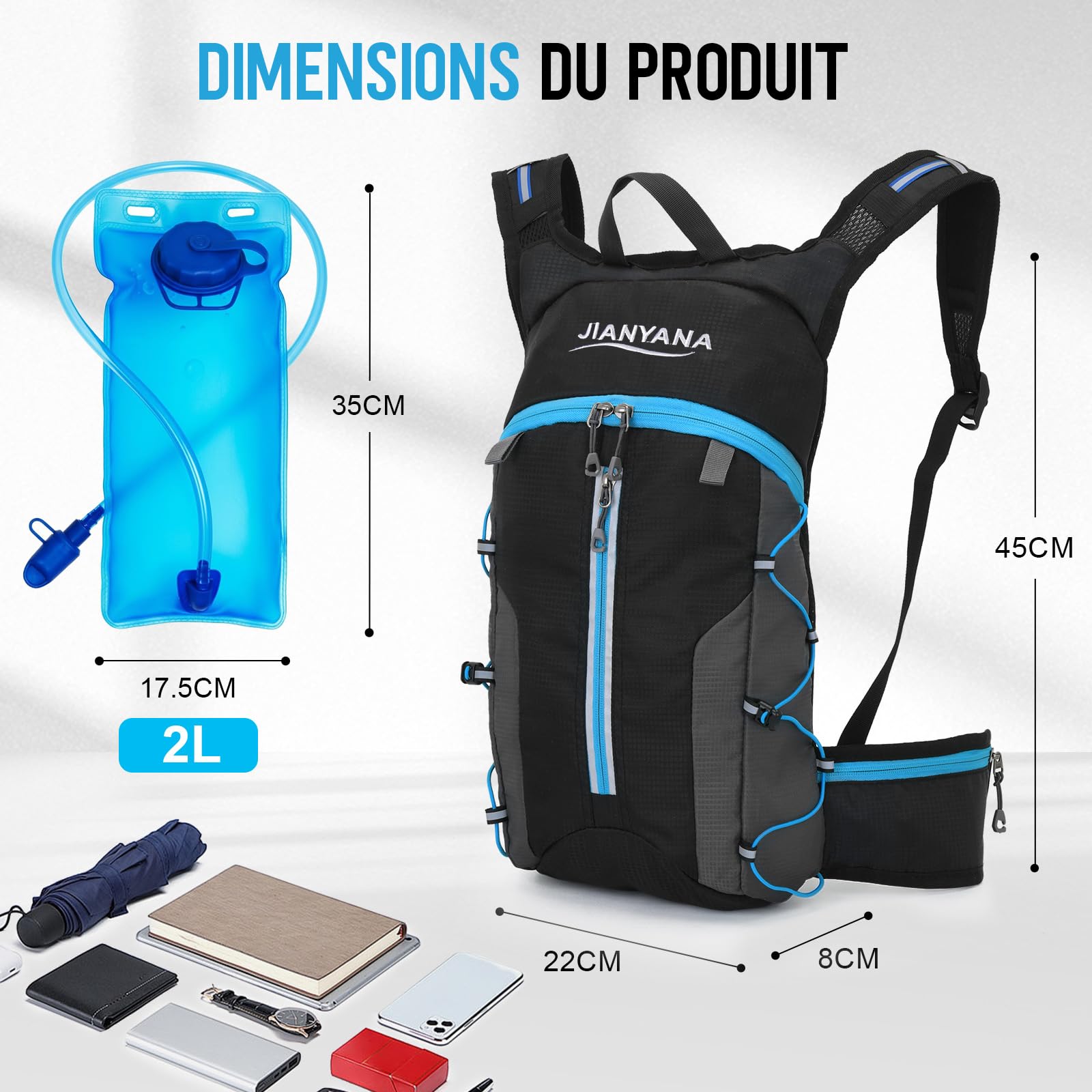 JIANYANA Sac à dos d'hydratation, pliable, noir, 3 l, 550 g, convient pour le cyclisme et la randonnée, bleu roi