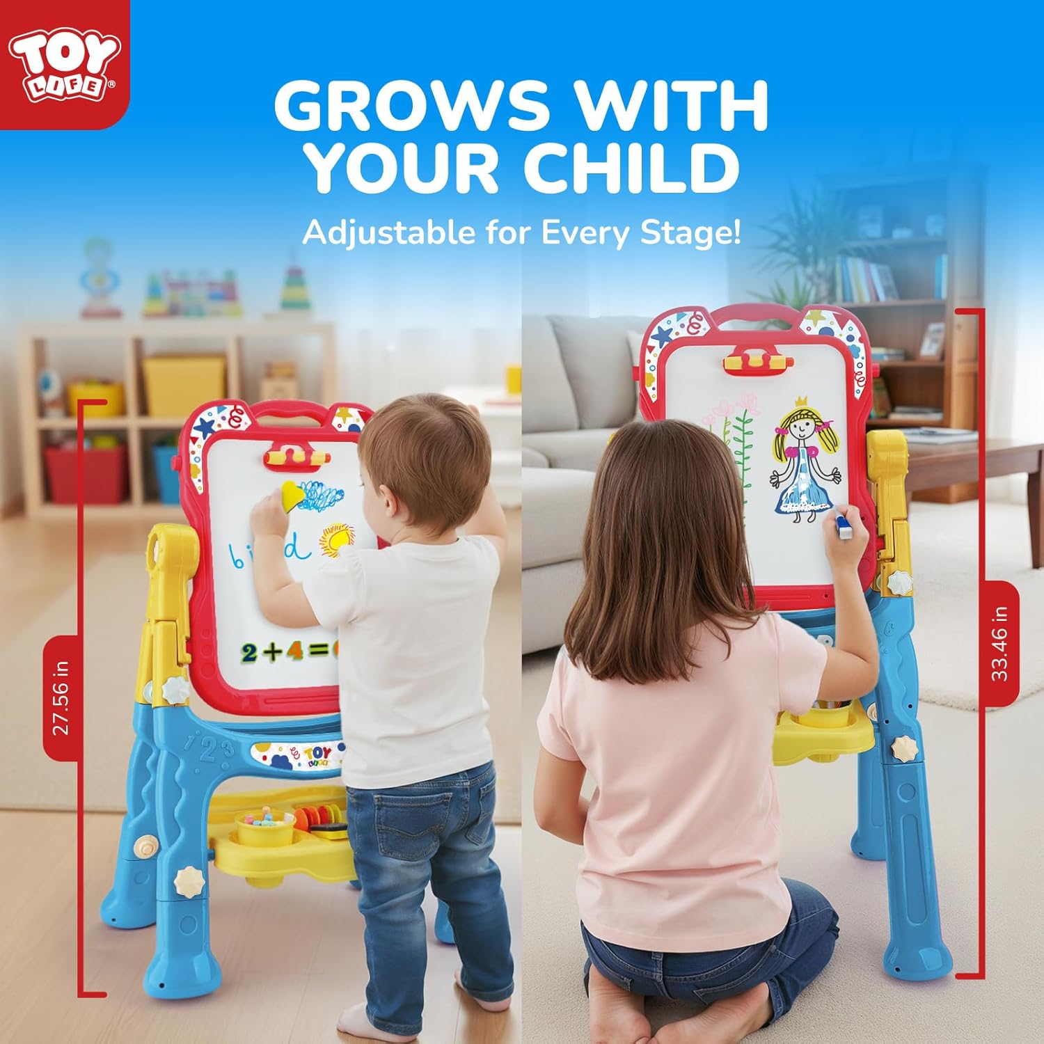 STEAM Life Large Art Easel for Kids, Double-Sided 4In1 Toddler Easel with Rotable Magnetic Chalkboard & White Drawing Board, Height Adjustable with Magnetic Letters & Numbers Gifts for Boys and Girls