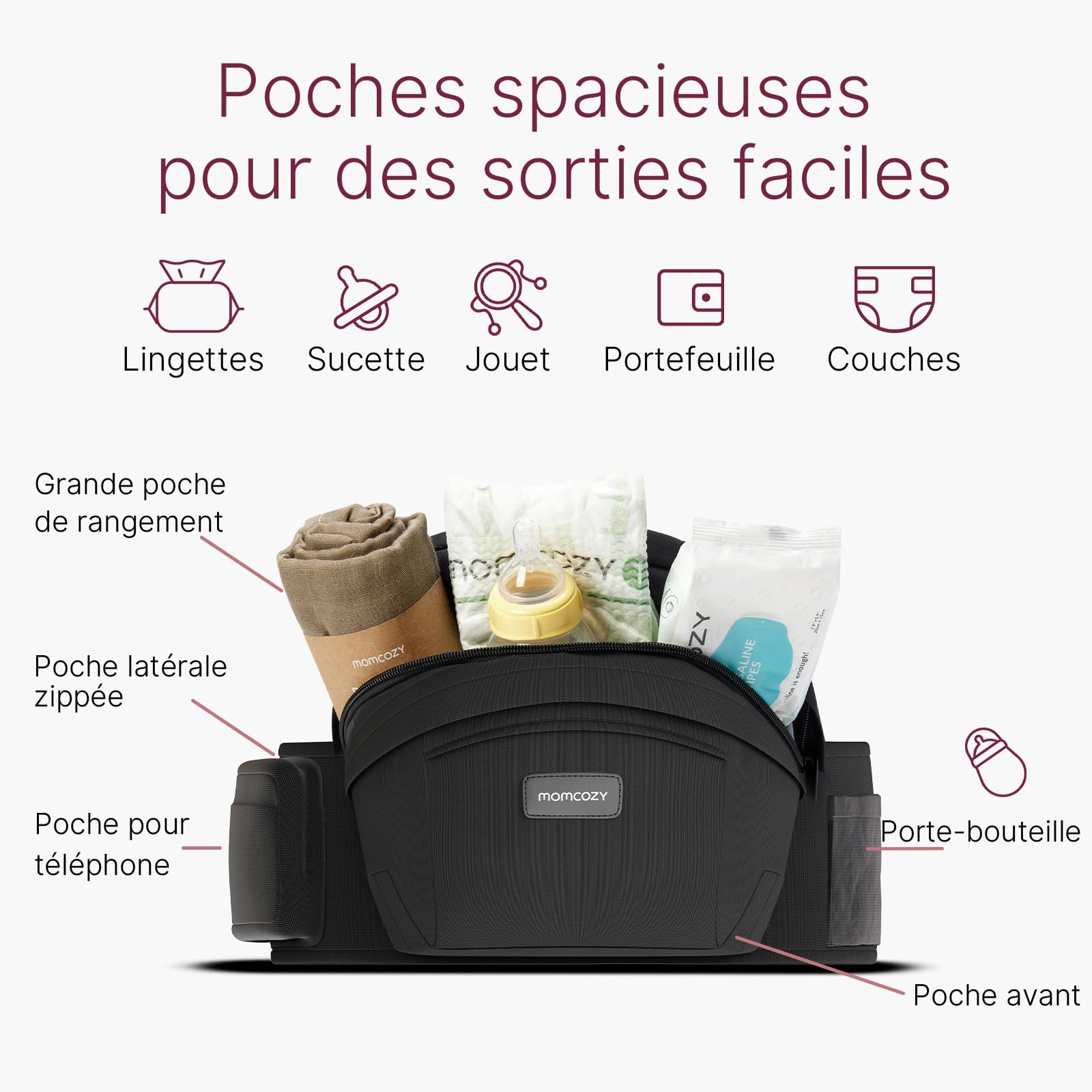 Porte-bébé Momcozy certifié CPC - Ceinture ajustable avec Protecteur Ventral Original 3D, Porte-bébé ergonomique avec plusieurs poches pour nouveau-nés et bambins jusqu'à 45lbs (Noir, Moyen)