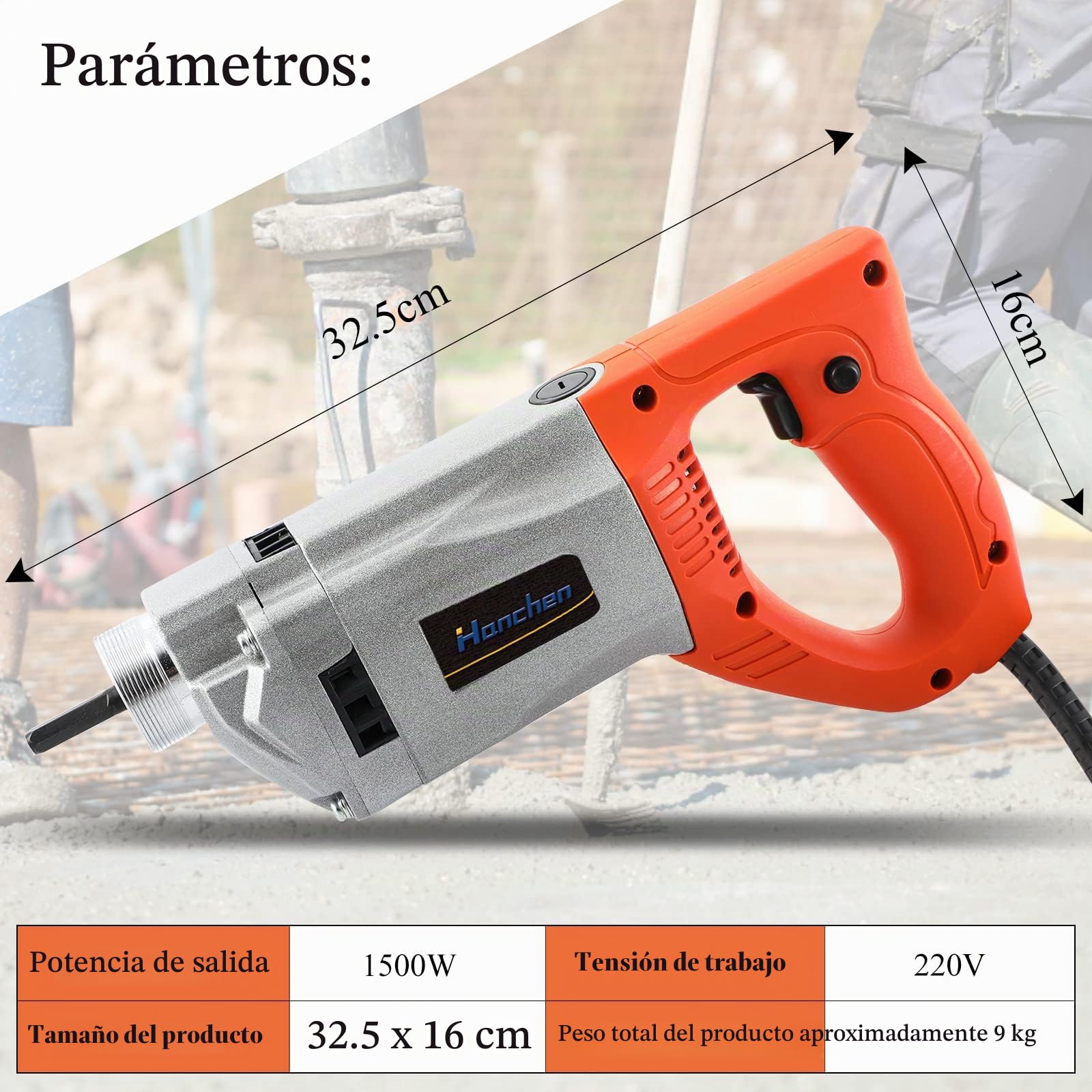 Hanchen Vibrador de Hormigón Industrial 1900W Mezclador Eléctrico Hormigonera Portátil Diámetro de 50mm con Manguera de 1/1.5/2m (Manguera de 2m)