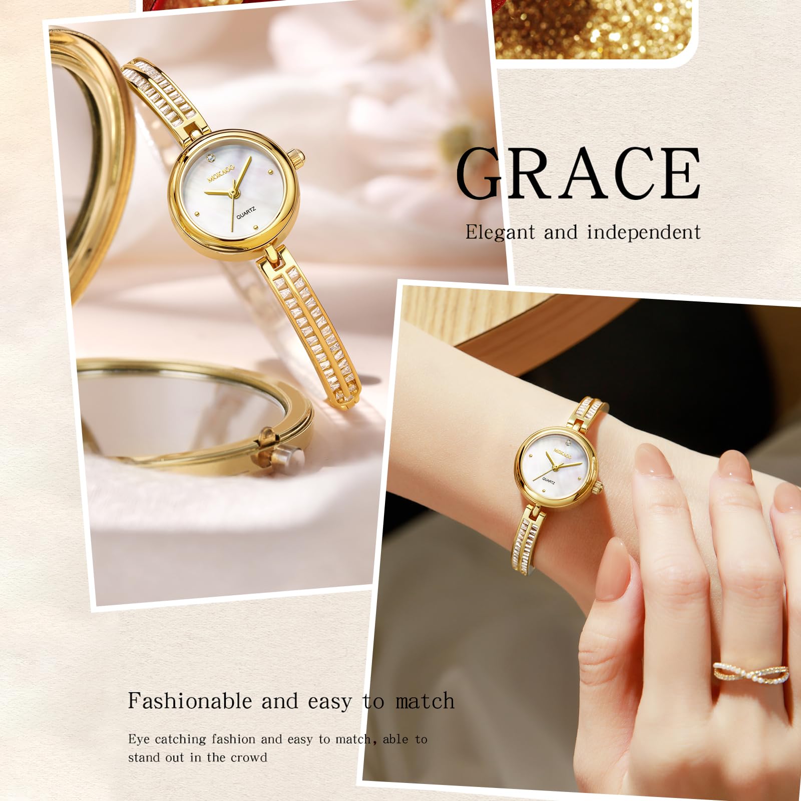 findtime Damenuhr Gold Uhr Damen Gold Armbanduhr Damen Goldene Uhr Kleine Damenuhr Silber mit Baguette-Schliff-Kristallen für den Täglichen Gebrauch