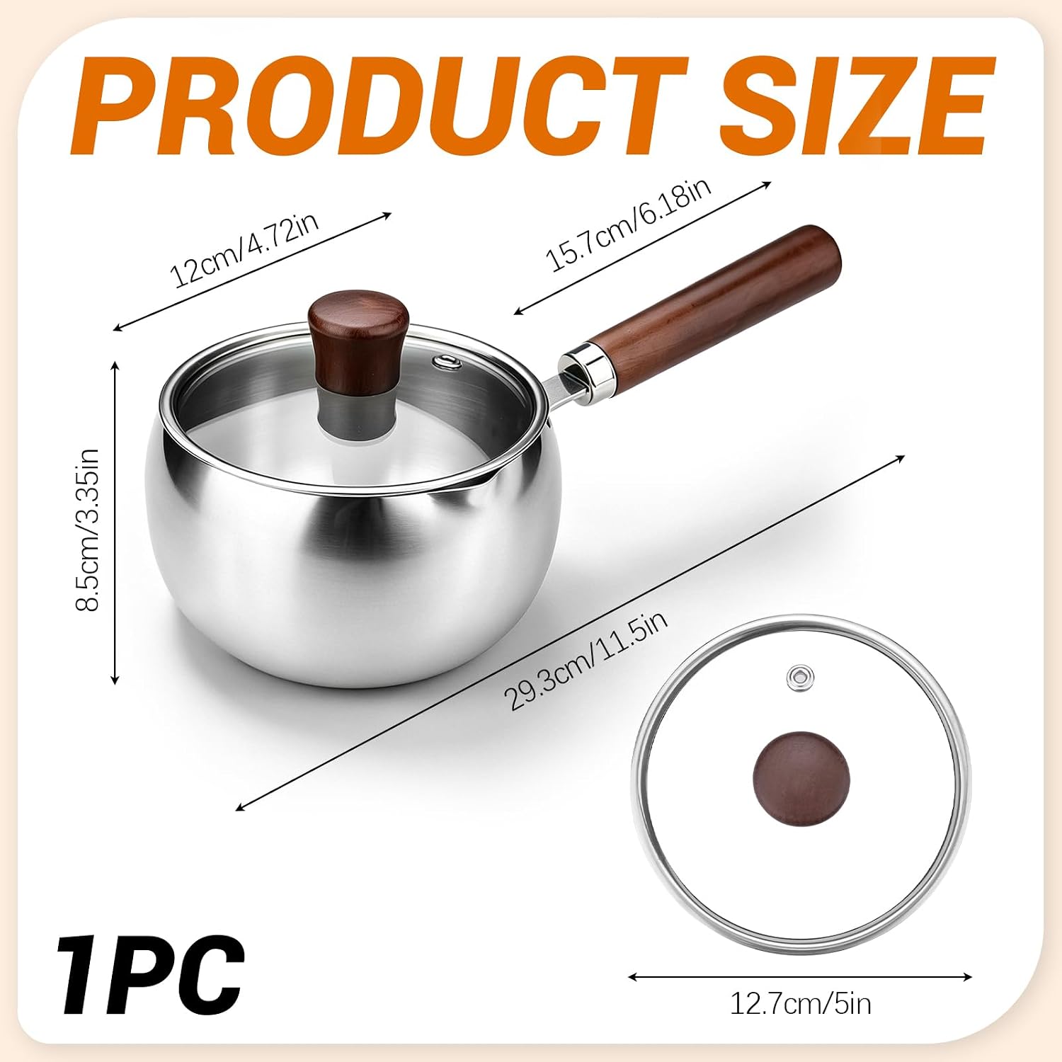 Small Stainless Steel Pot with Wooden Handle & Pour Spout & Lid, Coffee & Milk Warmer Pot, Butter Warmer Pan for Heating Sauces Coffee Oil Seafood Melting Chocolate Frying Eggs
