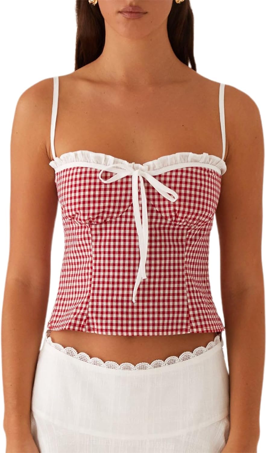 Womens Sexy Lace Trim Camisole Tank Tops Y2k Slim Fit Corset Going Out Streetwear Ruffle Spaghetti Strap Club Tops