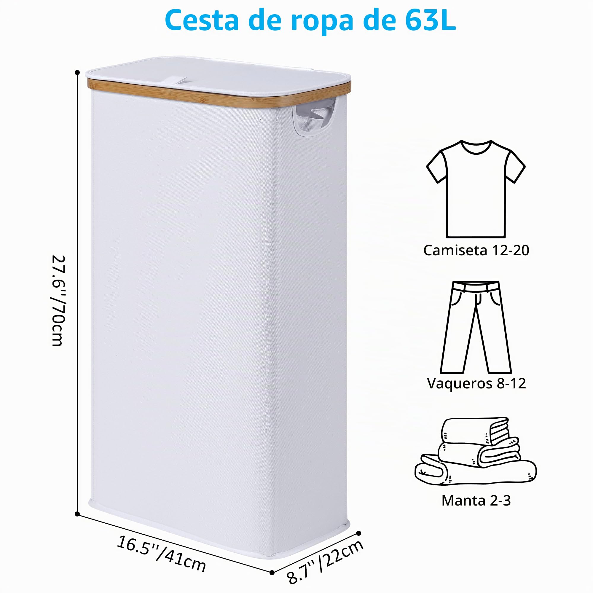 efluky Cesto Ropa Sucia con Tapa 63L, Cesta Ropa Sucia Estrecho de Bambú, Cesta de Almacenamiento, Cubo Ropa Sucia Pequeño Plegable para Baño, Dormitorio, Lavadero, Blanco