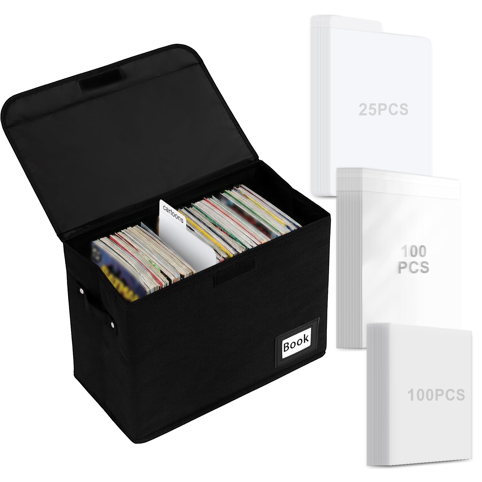 Sadnyy Comic Book Storage Box with 25 Pack Dividers, 100 Pcs Current Bags and 100 Pcs Boards, Holds 160-180 Comic Book Organizer Heavy Duty Bin Container Holder Shelf