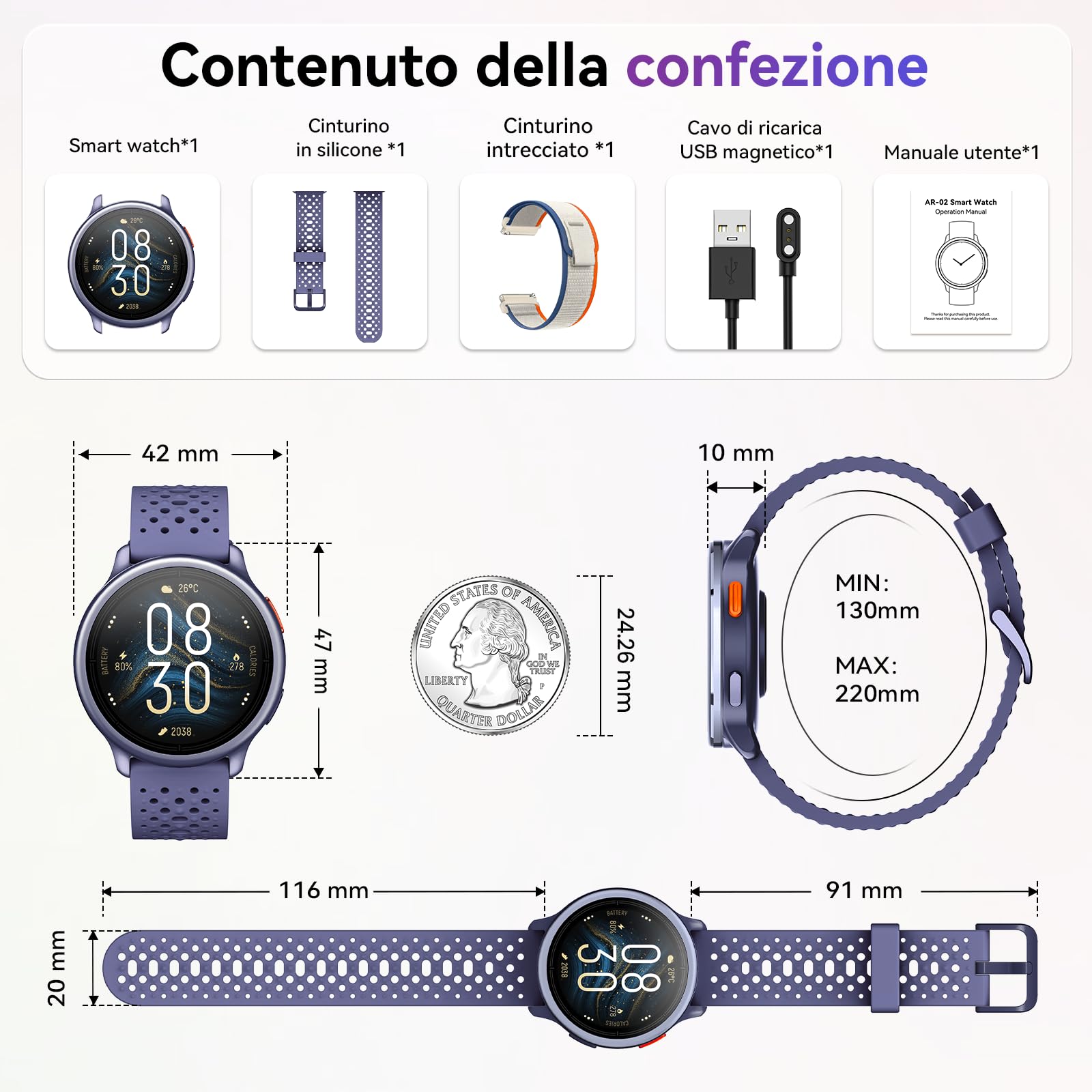 Smartwatch Donna 1.27'' Orologio Uomo Rotondo con 2 Cinturini,120+ Modalità Sportive, Corsi di Ginnastica 3ATM Monitoraggio Salute e Sonno Contapassi Fitness Watch per Samsung/Android/iPhone Viola