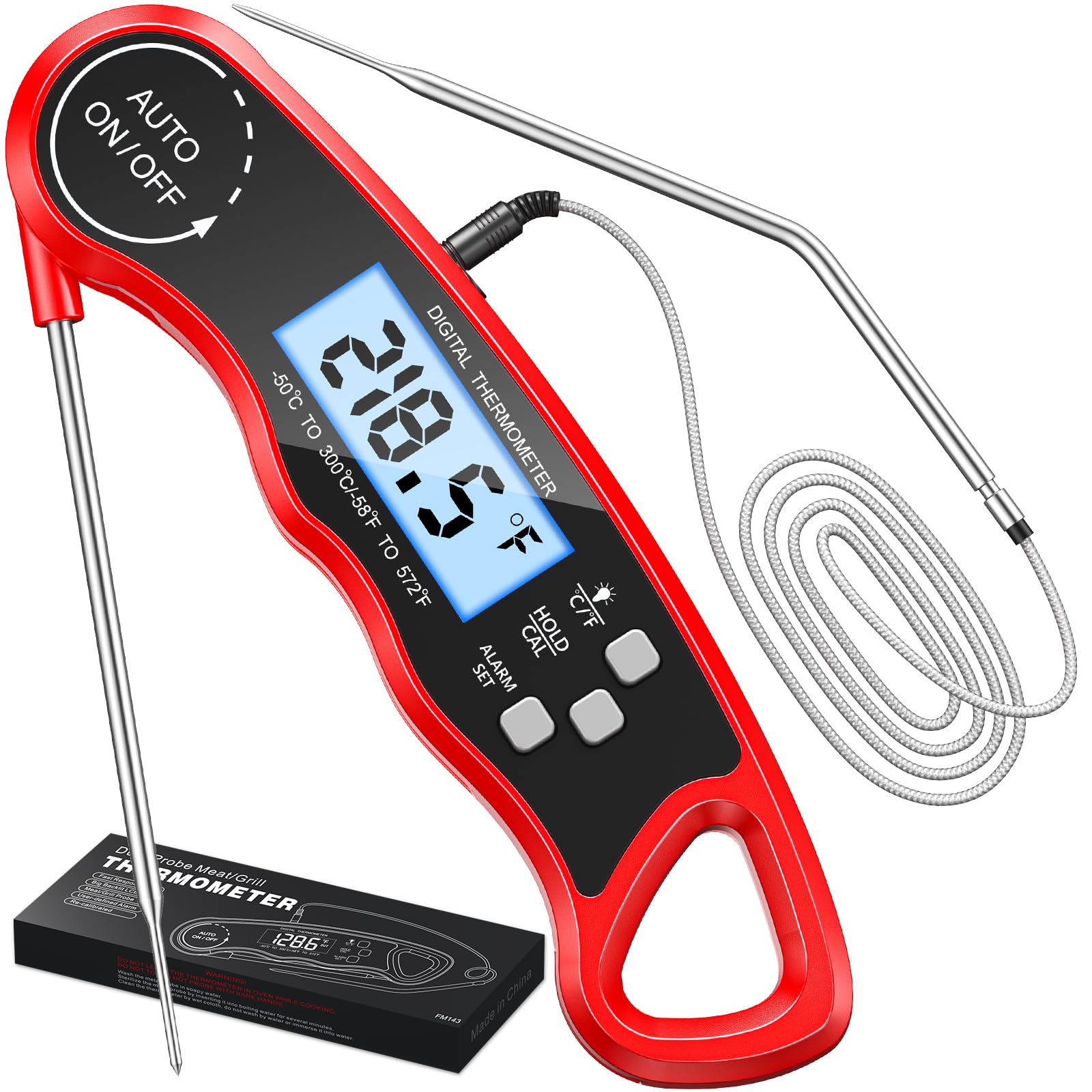 CIRYCASE Thermomètre Cuisine Avec Sondes Doubles 16.3cm, Minuteur Et Température Préréglée Thermometre Cuisson Numérique Lecture Instantané Avec Écran LCD & Auto-Arrêt Pour Barbecue/Fumoir/Grill/Meat