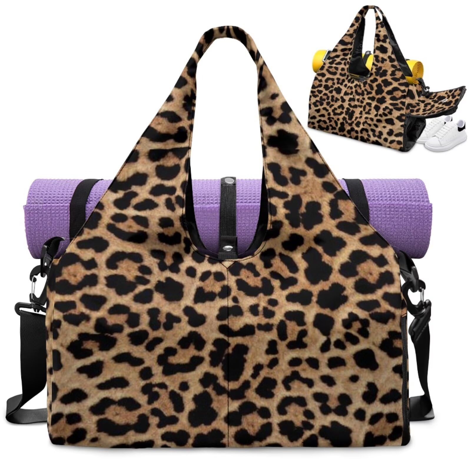 Dngkaoje Brown Leopard Print Yoga Bag for Women with Shoe Compartment and Yogas Mat Carrier Leopard Print Pilates Bag for Women with Adjustable Shoulder Strap Yoga Accessories for Womens — image 1