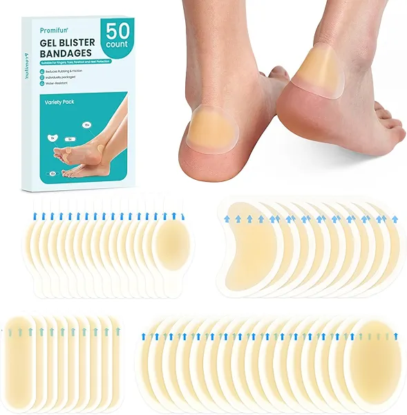 Promifun Blister Bandages Blister Pads - 50 ct Blister Cushions - Water Resistant Hydrocolloid Bandages for Foot, Toe, Heel - Gel Blister Bandages for Prevention & Recovery, Variety Pack