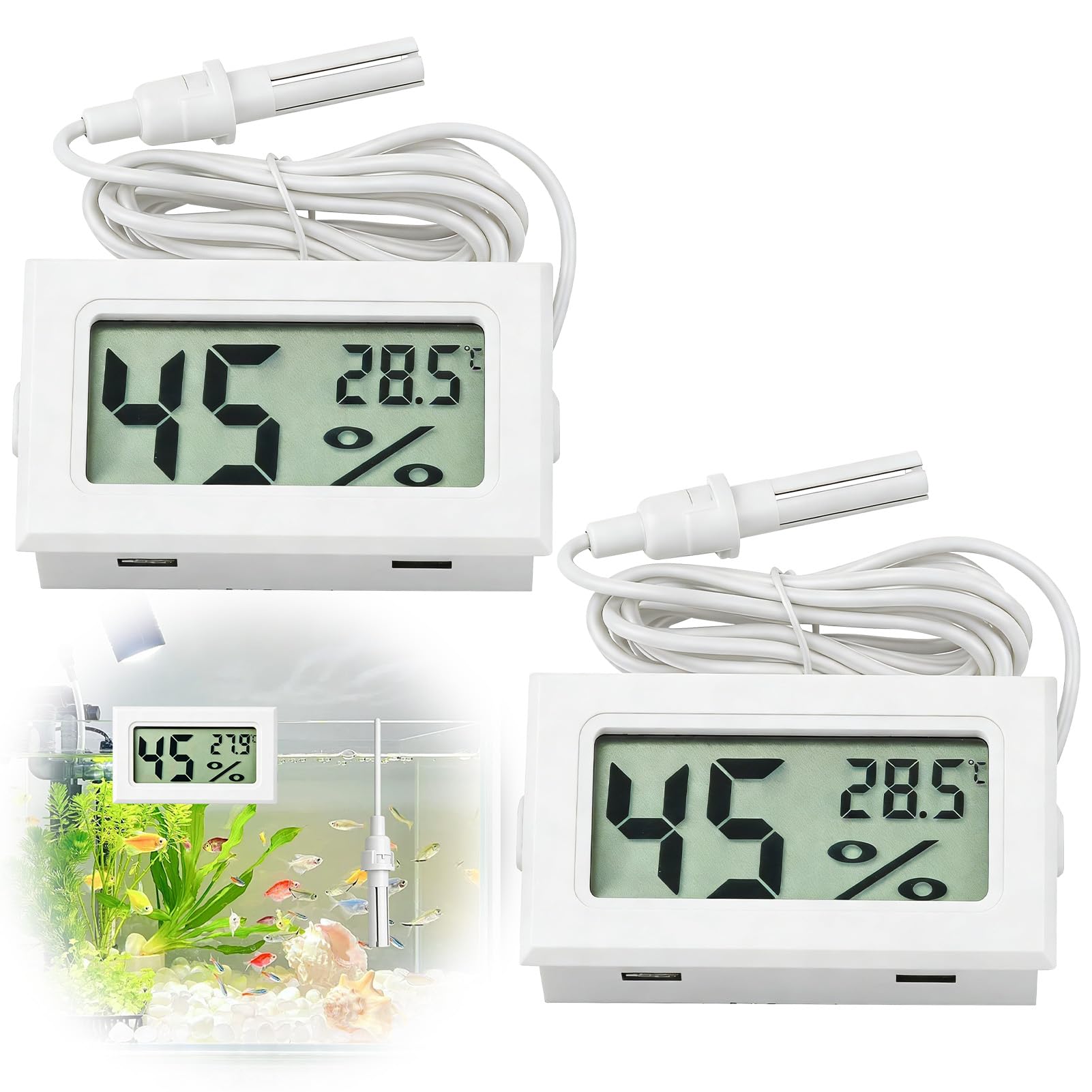 2 Pack Reptile Thermometer Hygrometer,Digital Temperature Humidity Gauge Meter with Probe,Mini LCD Temp Humidity Monitor for Reptiles Tank Terrarium Incubator Aquarium Office Room (White)