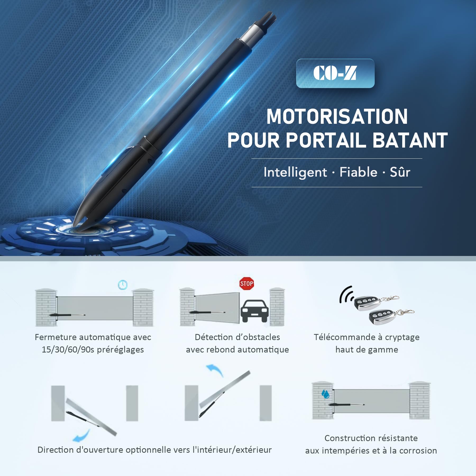 CO-Z Motorisation Portail Battant 220V/24V Unique Bras pour 1 Vantail Jusqu'à 300KG 5,5M avec 2 Télécommandes Moteur DC Automatisme à Vérins Télescopique Alimentation Solaire ou Batteries