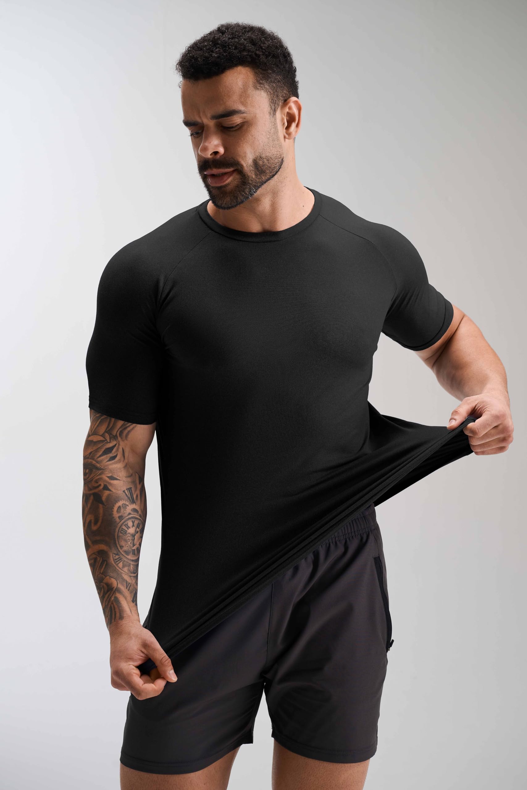 GYM REVOLUTION Men's 5 Pack Workout Gym Hipster Curved Hem Hip Hop Muscle Fitness Raglan Sleeve T Shirts Black White Blue Green Grey L