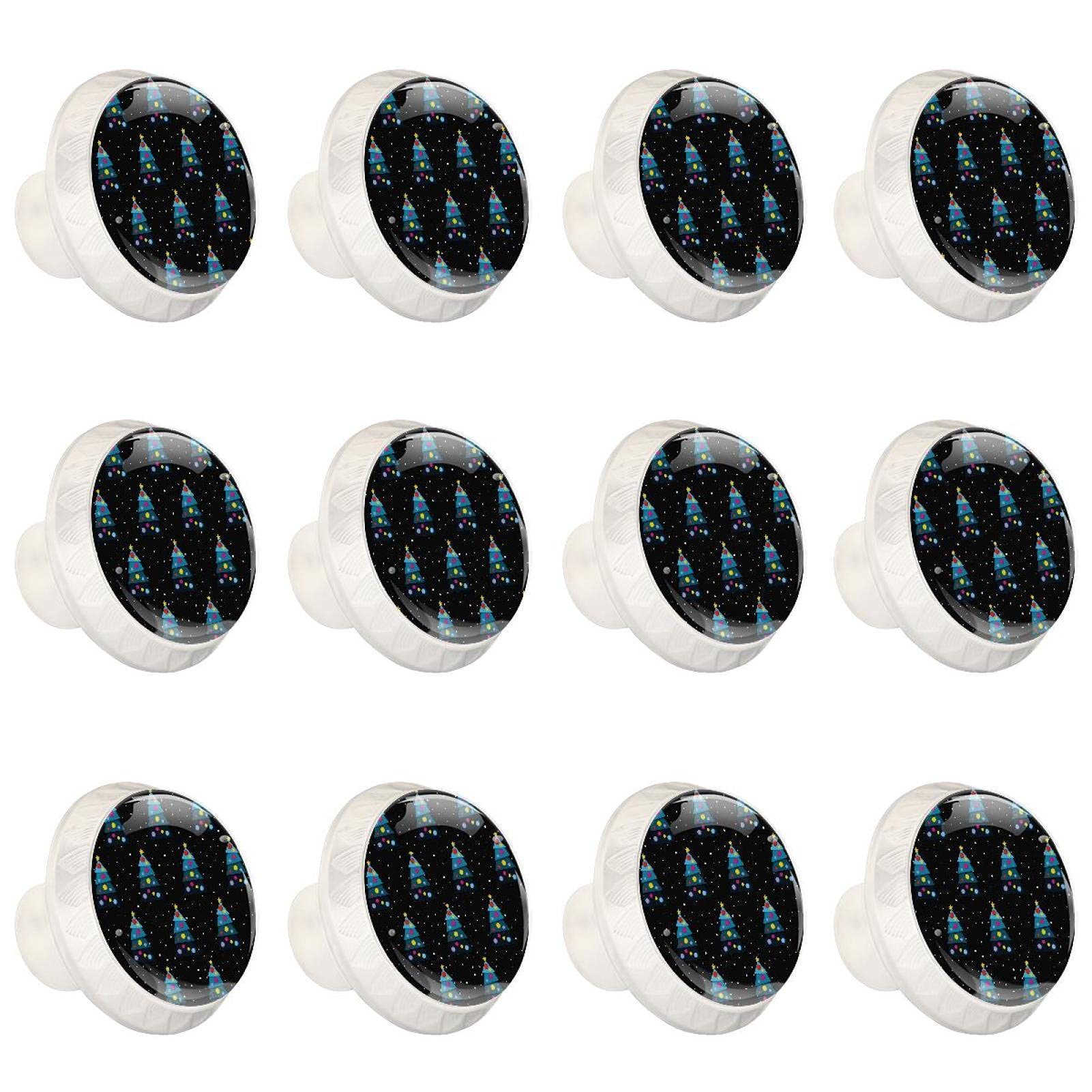 Boutons d'armoires de cuisine ronds noirs motif arbre de Noël | Lot de 12 poignées de placard