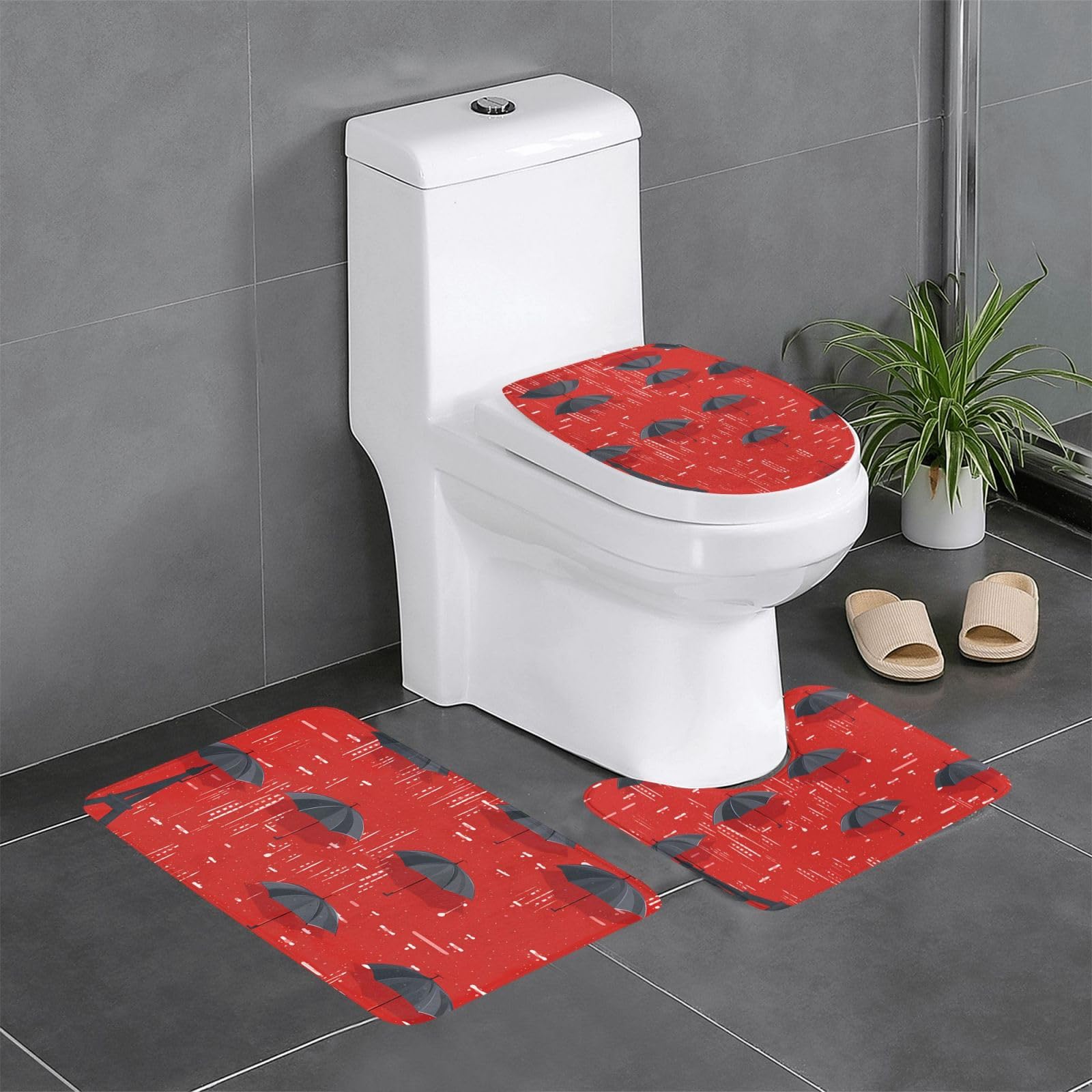 Tapis de salle de bain contour ovale rectangulaire ensemble rouge 3 pièces