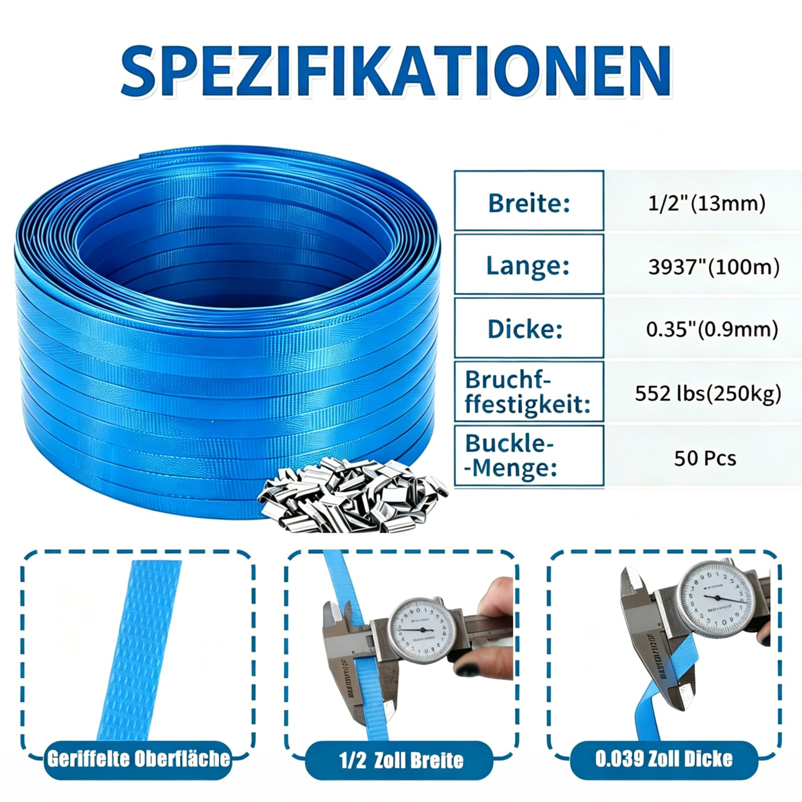 Schwerlast-Manuelles Umreifungswerkzeug-Set 13mm mit 100m PET-Umreifungsrolle, 100 Metallverschlüsse, Spanner & Verschließer