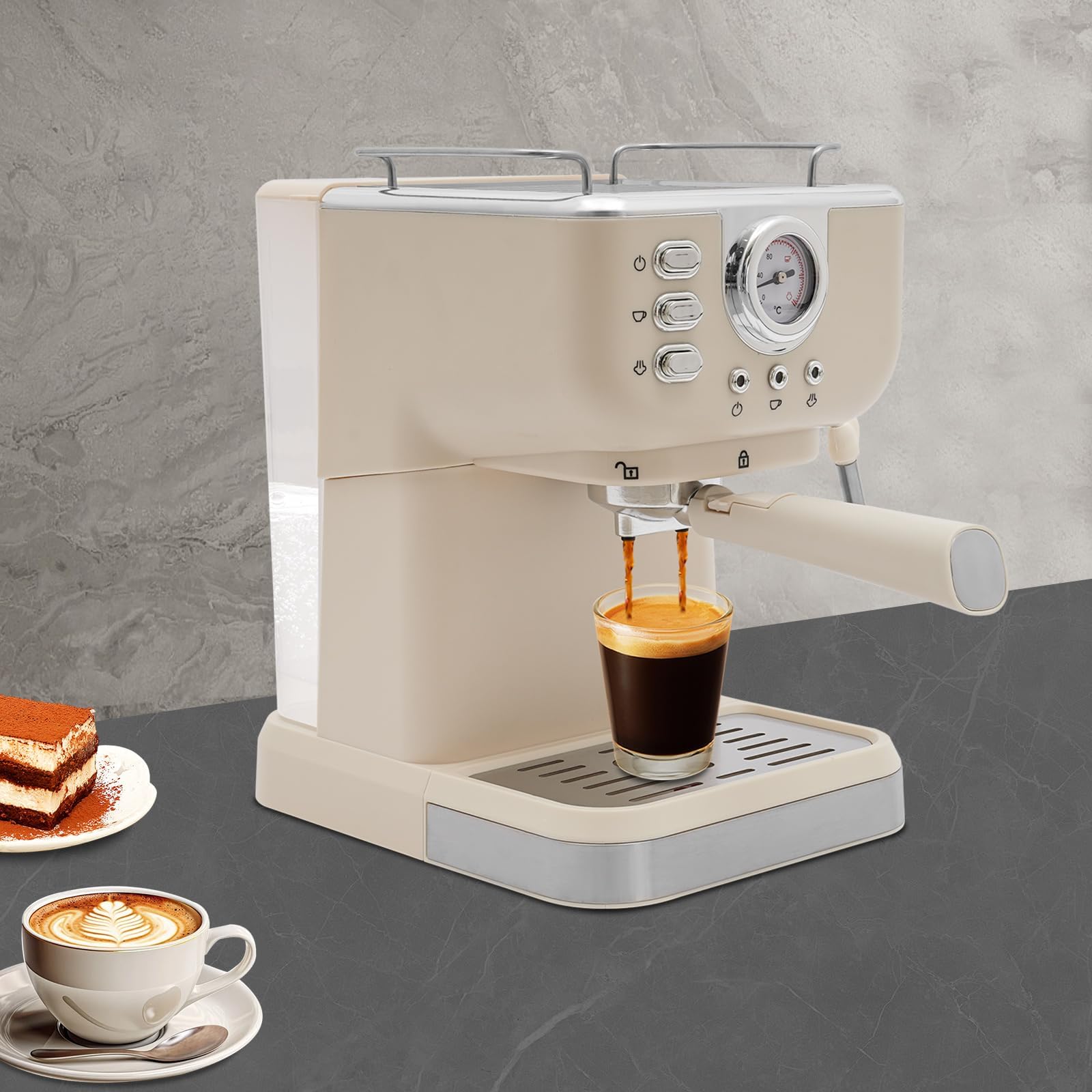 Cafetera de espresso de 1050 W, 20 bares, con espumador de leche y calentador de tazas, depósito de agua de 1,5 l, cafetera compacta y cafetera expreso para el hogar y la oficina, color blanco