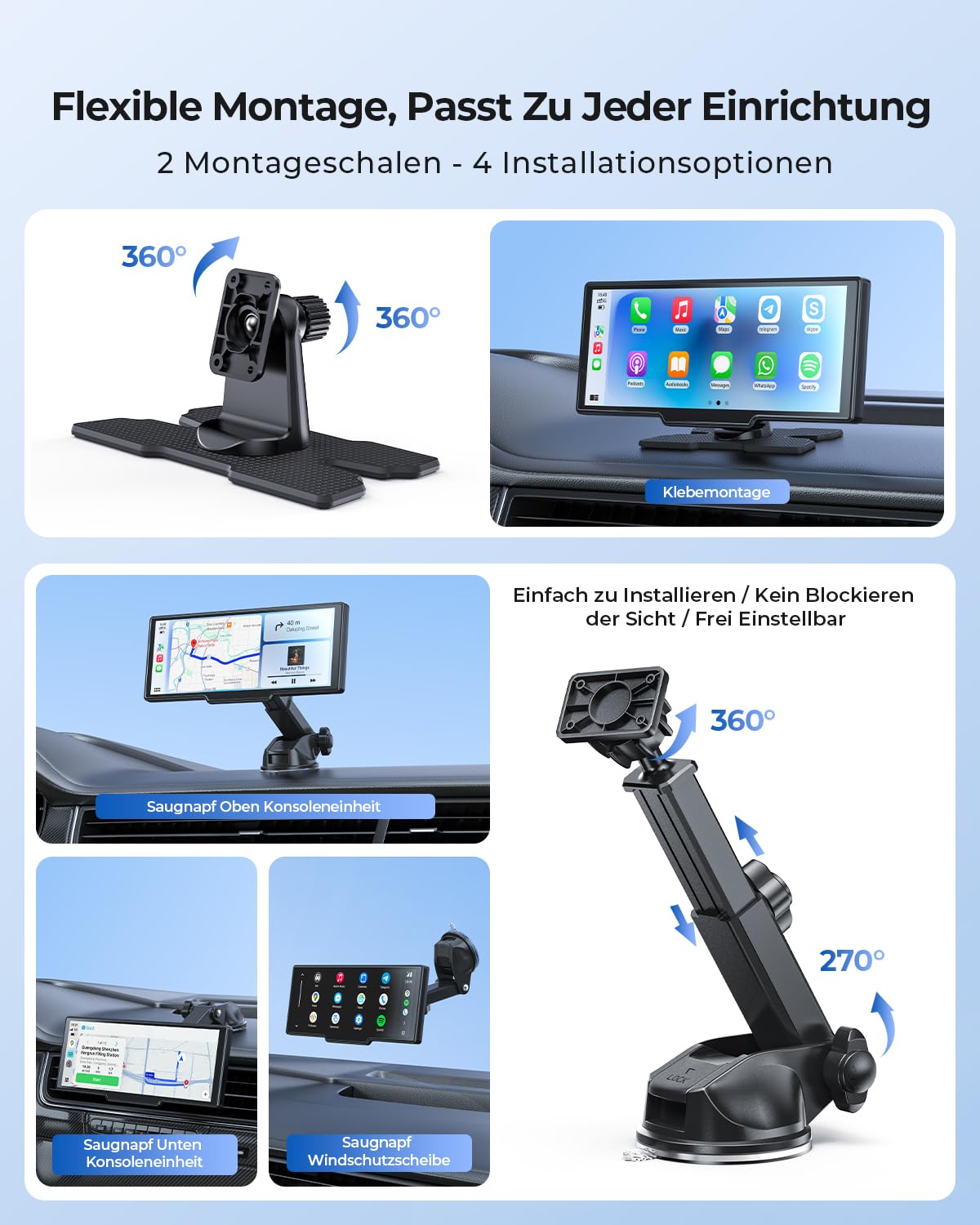 9,26" Drahtloses Tragbarer Car Play Display mit 4K-Front- & HD-Rückfahr-Dual-Dashcam für Apple CarPlay & Android Auto mit OTA-Updates, Mirror Link, Bluetooth 5.0, Sprachsteuerung, GPS, FM