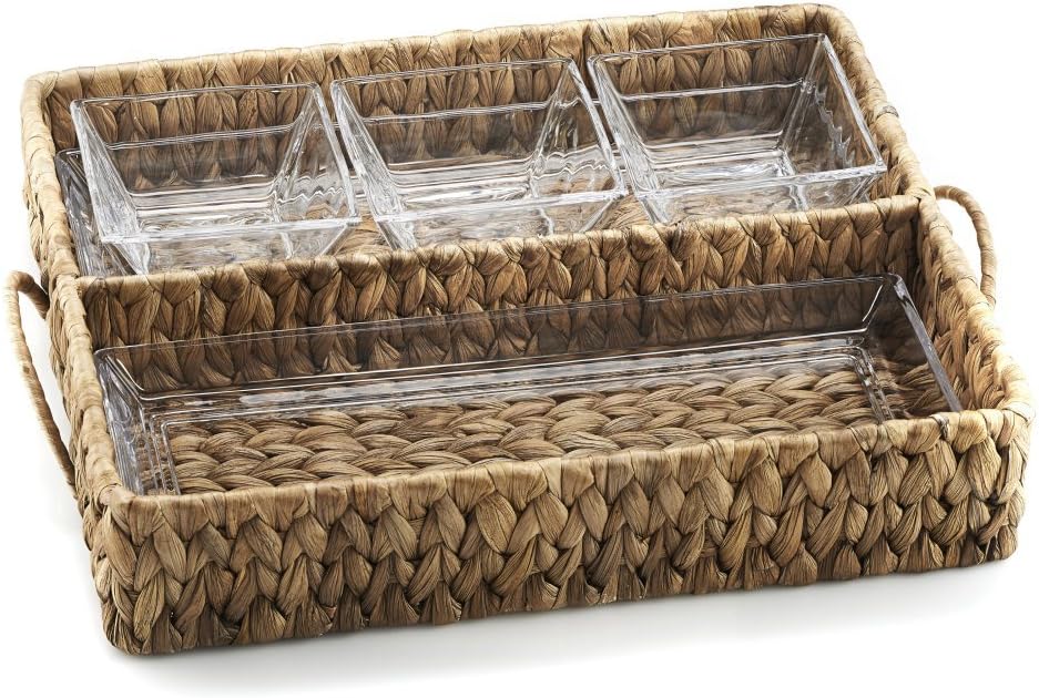 Garden Terrace Beige Glass Chip & Dip Server with Seagrass Handles