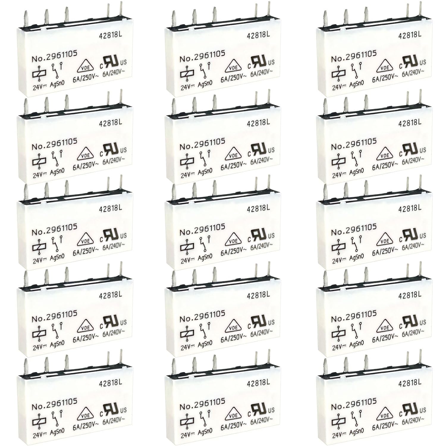 15-Pack No. 2961105 5-Pin Relay, 24V DC 6A Slim Power Relay Replacement for Phoenix Contact REL-MR- 24DC/21, Industrial Interface Electrical Component for PLC Terminal Block and Automation Cabinets