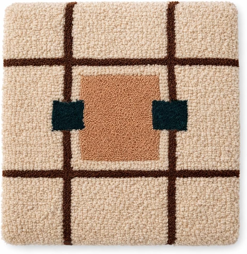 Handmade Wool Area Rug 1 x 1 Ft | Modern Grid Pattern with Accent Squares | Handwoven Wool Decorative Mat | Small Accent Rug for Home & Office