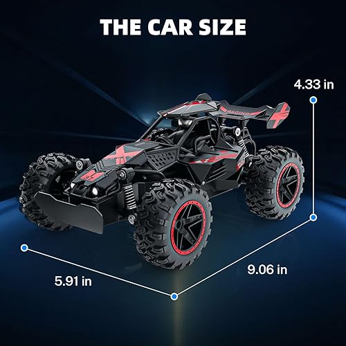 Miniatura 6 de ACAMMZAR Auto de control remoto, 118 de alta velocidad RC para niños, 20 KMH Monster RC Truck todoterreno con luces juguetes para niños, rojo