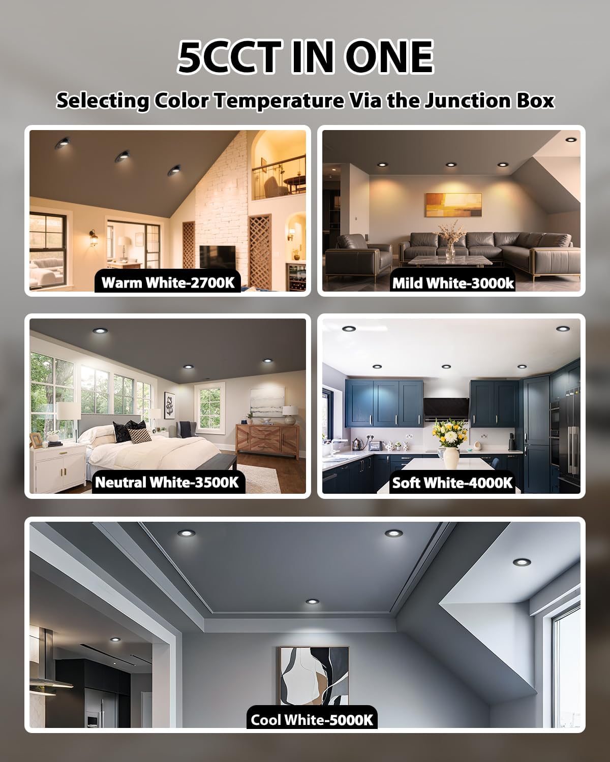 Adetu 4 inch 5CCT Gimbal Black Led Recessed Lights, 360°+90° Adjustable Directional Recessed Lighting, 2700K/3000K/3500K/4000K/5000K Dimmable Eyeball Canless Downlight with Jbox, ETL (Black, 8 Pack)