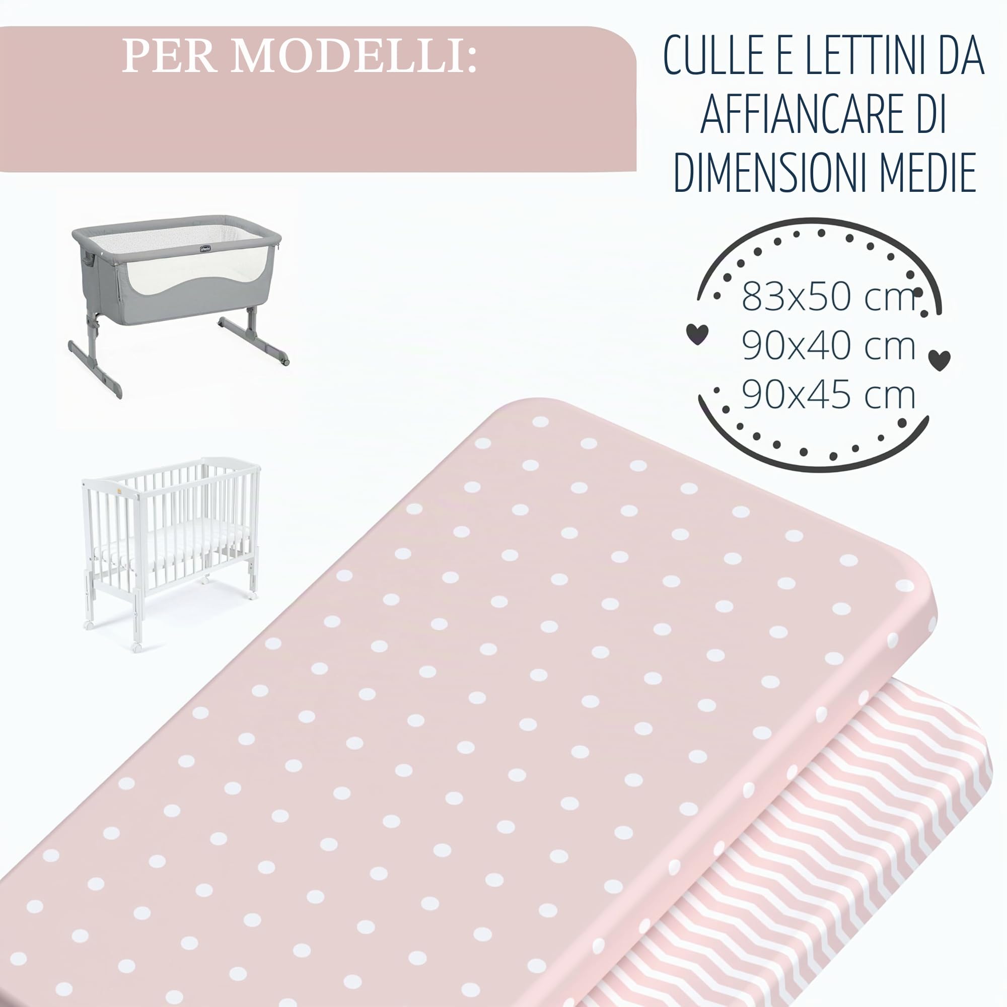 mimaDu - Set di 2 lenzuola per neonati 90x40 cm 100% cotone Oeko-Tex 80x53, 83x50, 50x83, 90x45 per letti aggiuntivi di piccole e medie dimensioni - Coprimaterasso per lettini aggiuntivi rosa antico