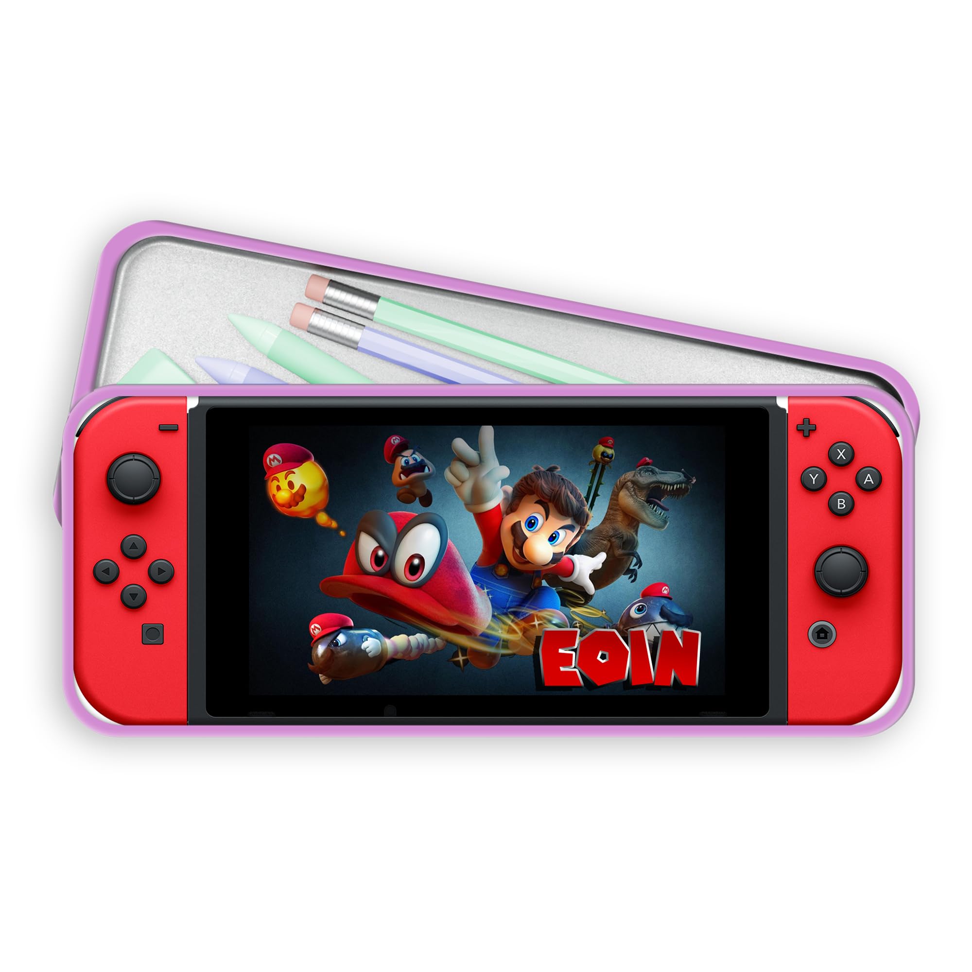 Print Maniacs Personalised Nintendo Switch Game Tin Pencil Case Back to School Kids Tidy Stationary Organizer Mario (Red Image, Pink Case)