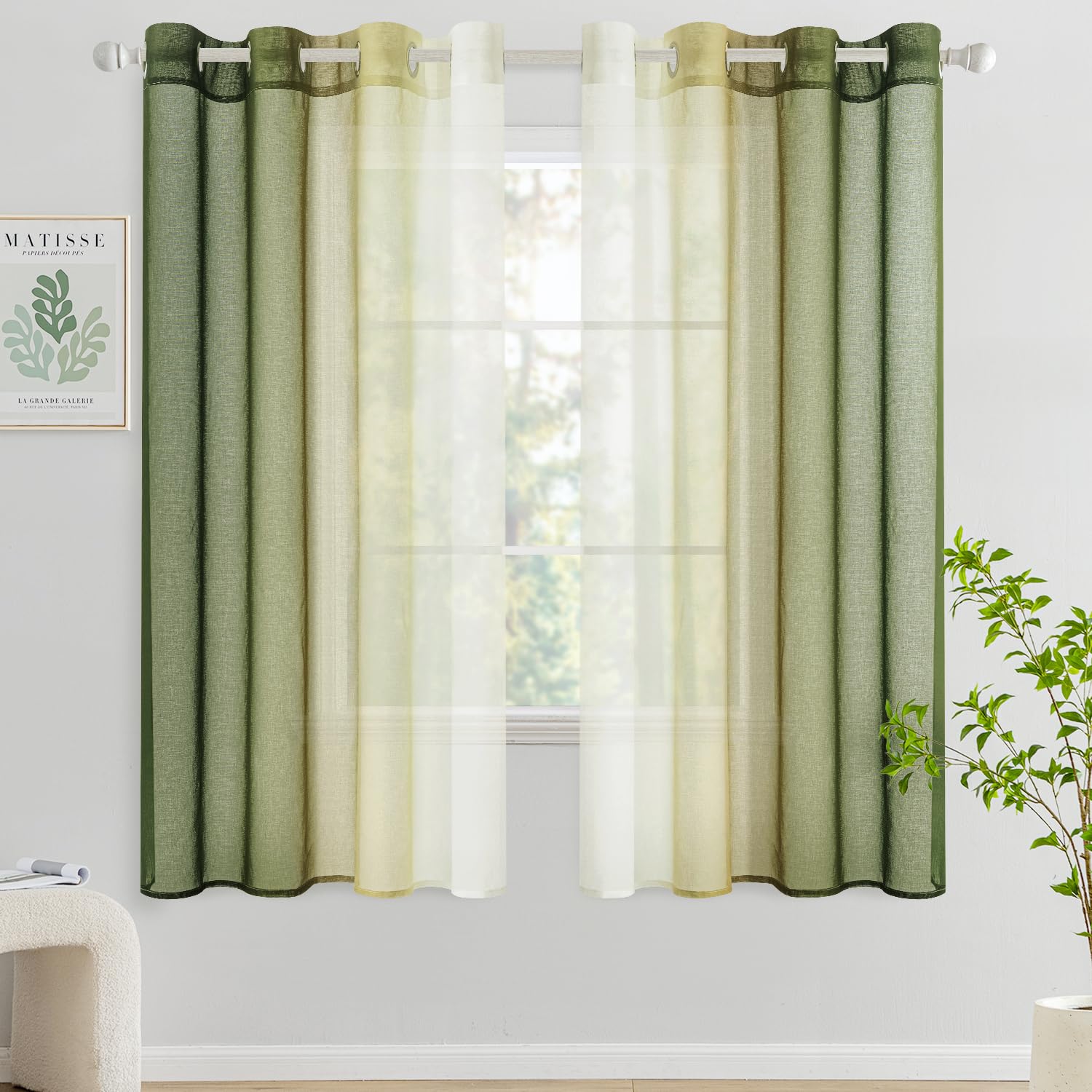 Woaboy Cortina Corta Ventana Translúcida Visillo Dormitorio con Ojales Moderno Decorativas Poliéster Visillos Degradado Gradiente para Habitación Salon 2 Piezas 140x145cm Verde