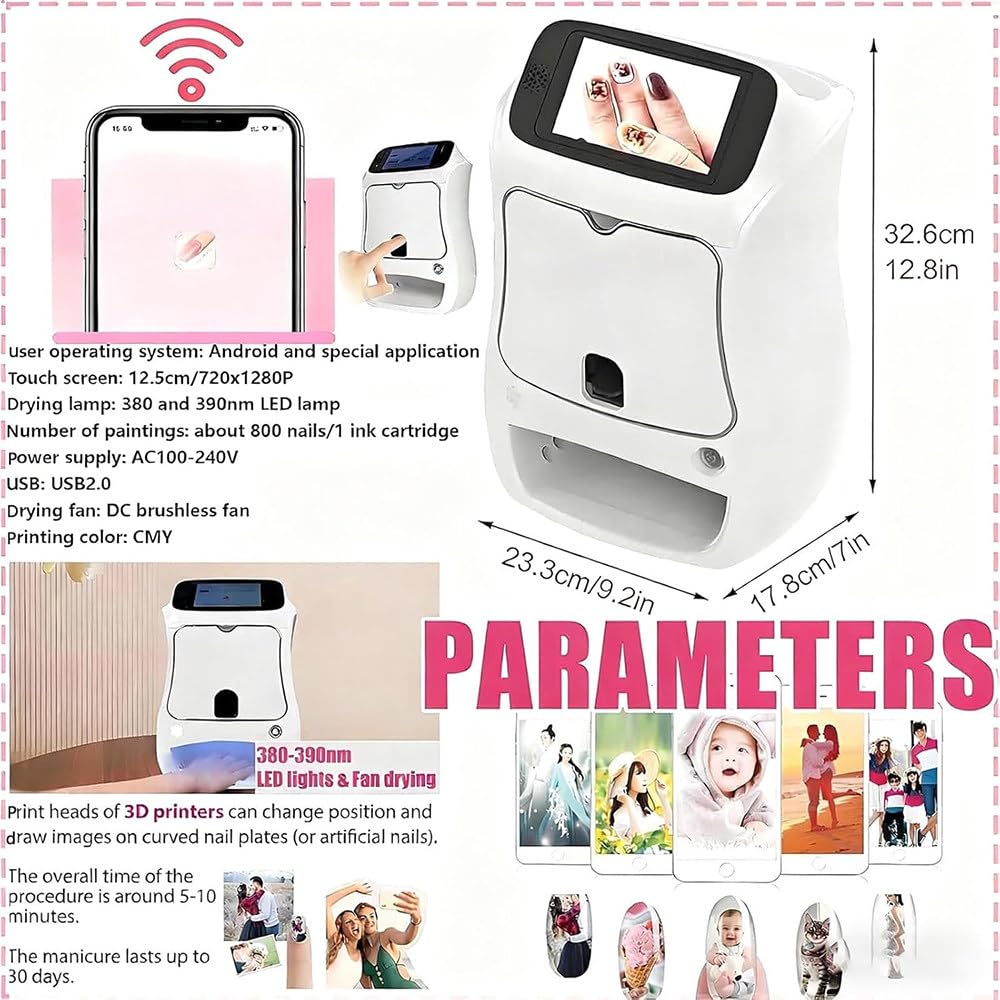 Automatyczna Drukarka Do Paznokci 3d,5-Calowy Ekran Dotykowy,Ponad 1000 Wzorów,10S Wydruk,Przesyłanie Aplikacji,Połączenie Wi-Fi,1200Dpi,Z Wkładem Atramentowym/Żelowym Lakierem Do Paznokci
