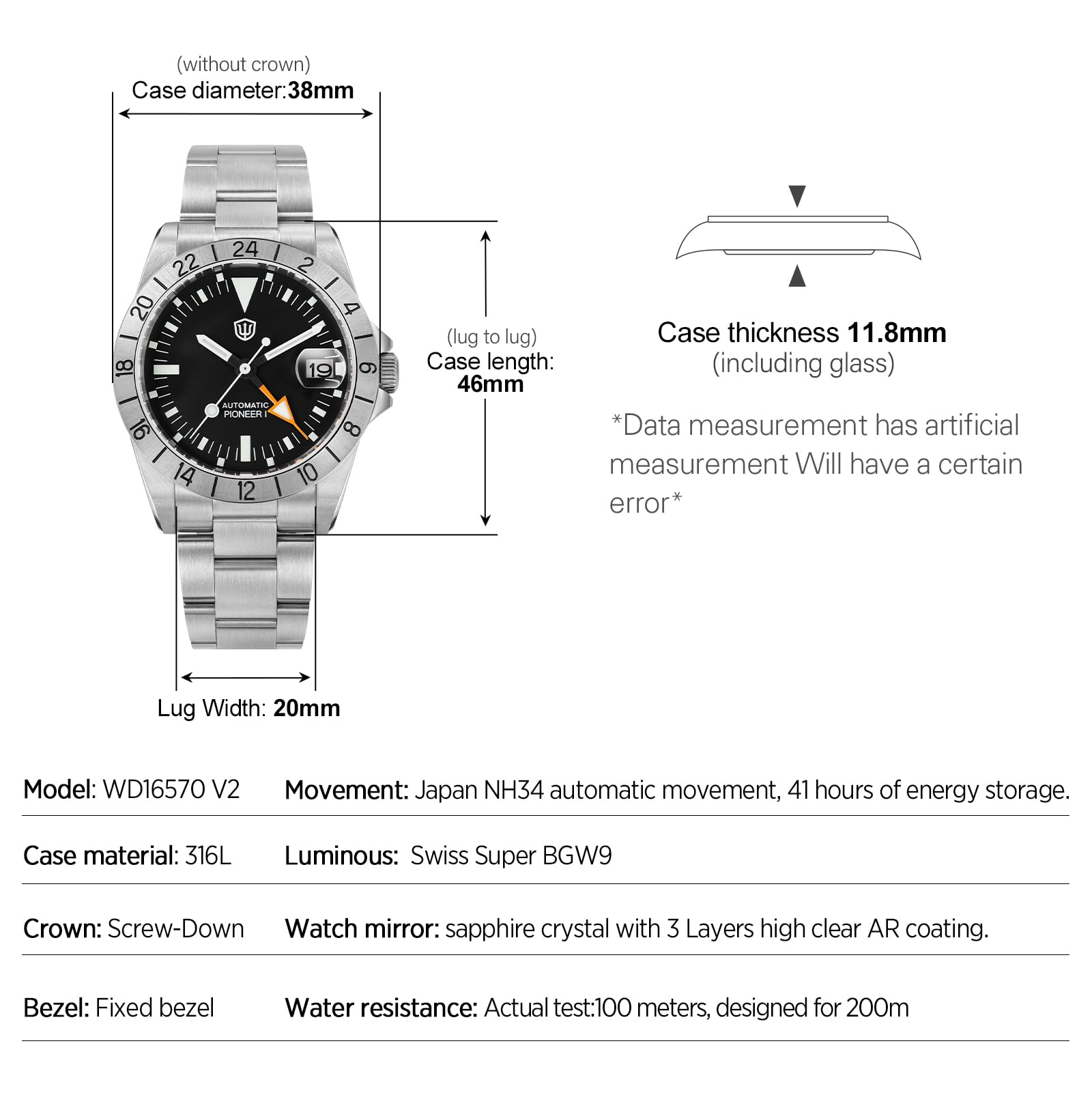watchdives GMT - WD16570 V2 - Montre de plongée automatique à double fuseau horaire NH34 - 37 mm - Cristal saphir