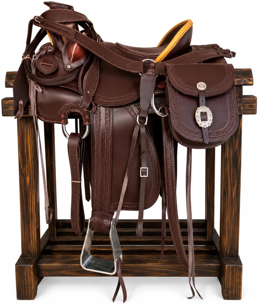 Leather Western Wade Horse Saddle Tree A Fork Roping Ranch Work Handmade Tooled Carved Premium Equestrian Trail Tack Adult & Pony Horse Riding Saddle, Size: 10-18 inch Seat, WA-04