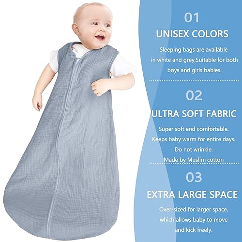Miniatura 6 de Paquete de 2 sacos de dormir para bebé de 12 a 18 meses, 100% muselina de algodón orgánico, con cremallera de 2 vías, cómodas y elásticas